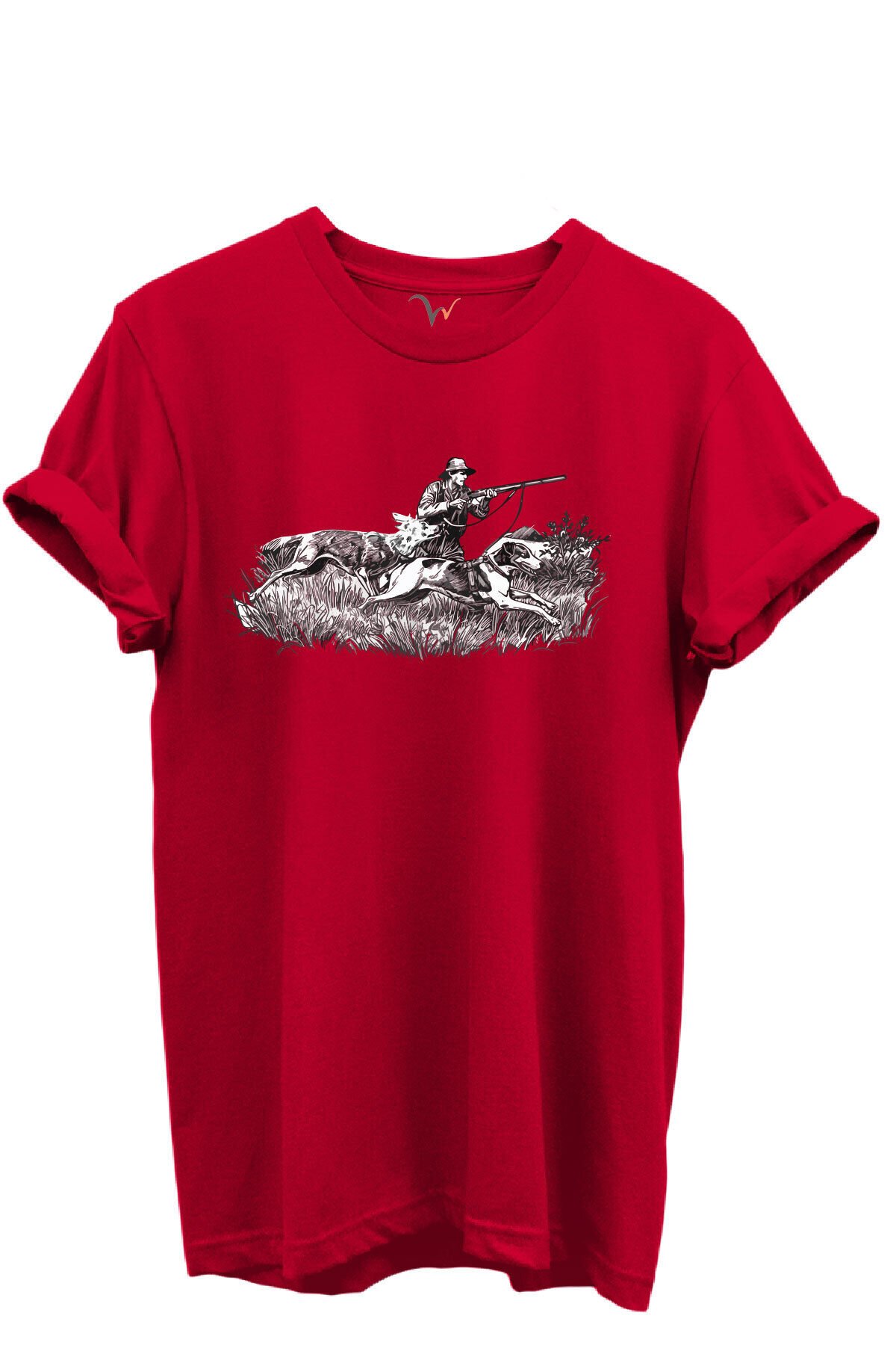Outdoor Avcılık Avcı ve Tazı Köpek Desenli %100 Pamuk Regular Fit Bisiklet Yaka Unisex T-shirt Kırmızı - M