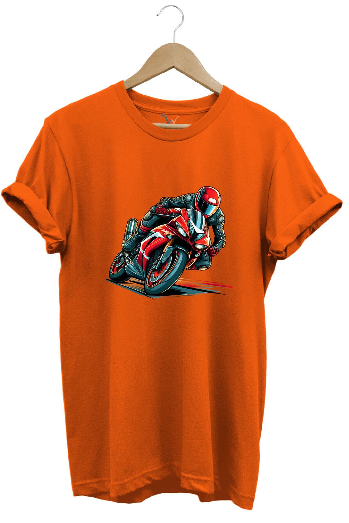 Kırmızı Racing Motosiklet Baskılı %100 Pamuk Regular Fit Unisex T-Shirt Turuncu - L