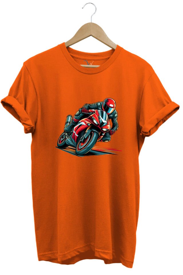 Kırmızı Racing Motosiklet Baskılı %100 Pamuk Regular Fit Unisex T-Shirt Turuncu - L