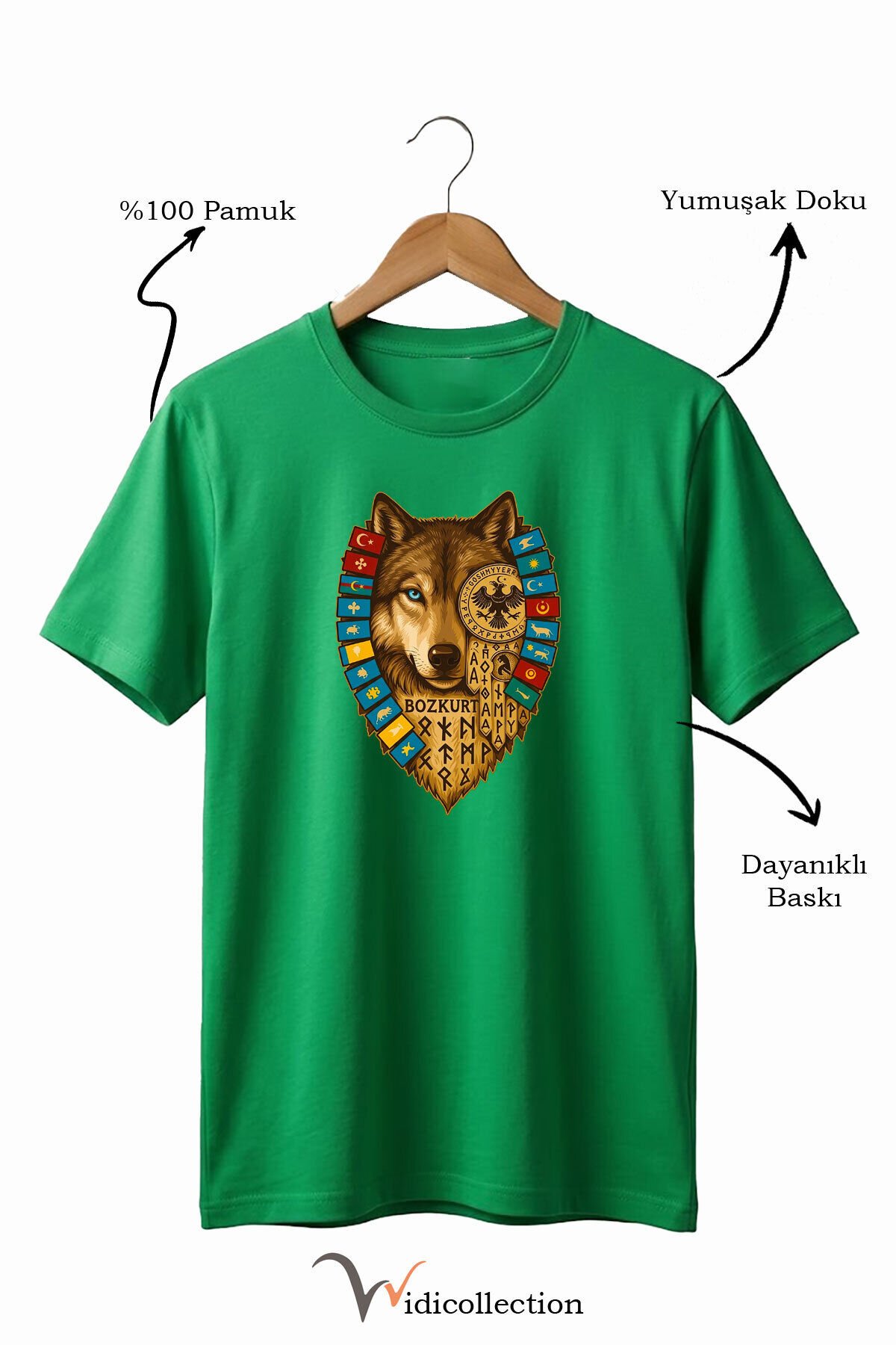 Bozkurt Göktürk Alfabeli ve Türk Devletleri Bayrakları Baskılı %100 Pamuk Regular Fit T-shirt Yeşil - XL