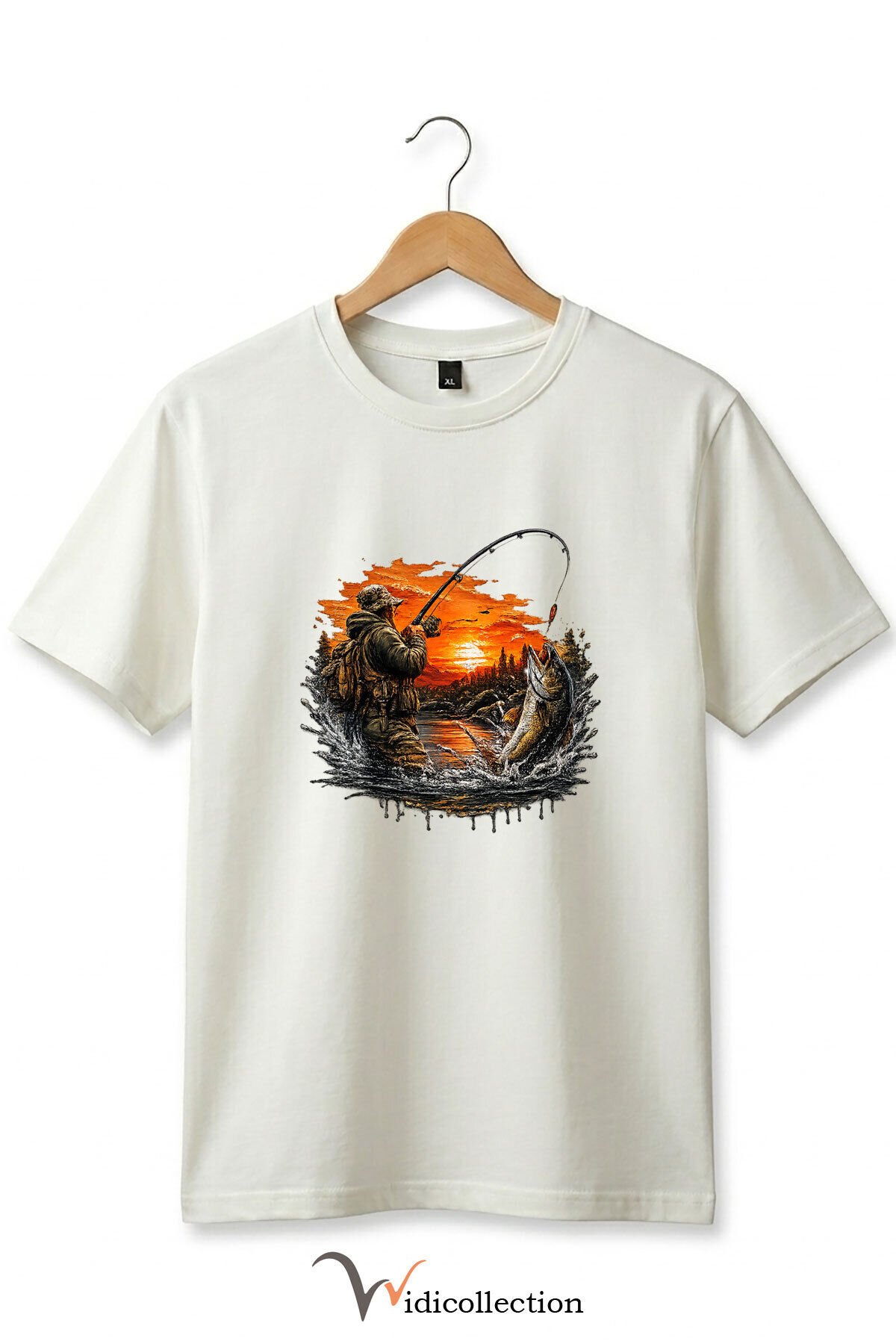 Pike Balığı Balıkçı Pike Gün Batımı ve Doğa Manzaralı Sportif Outdoor %100 Pamuk Basic T-Shirt Ekru - L