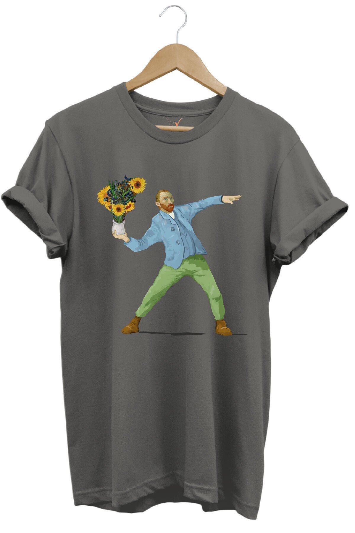 Sanatsal Portre Tasarım Baskılı ve Çiçekler %100 Pamuk Regular Fit Bisiklet Yaka T-shirt Antrasit - 3XL