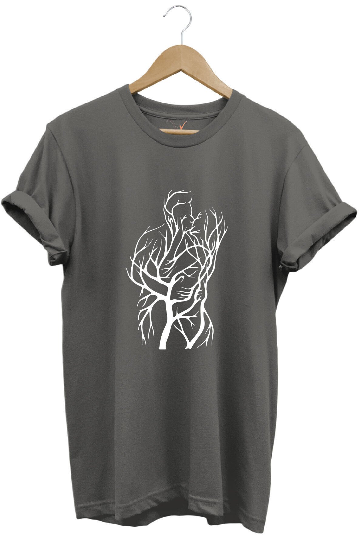 14 Şubat Sevgililer Günü Sarılan Çift Baskılı %100 Pamuk Regular Fit Bisiklet Yaka Haki T-shirt Gri - 3XL