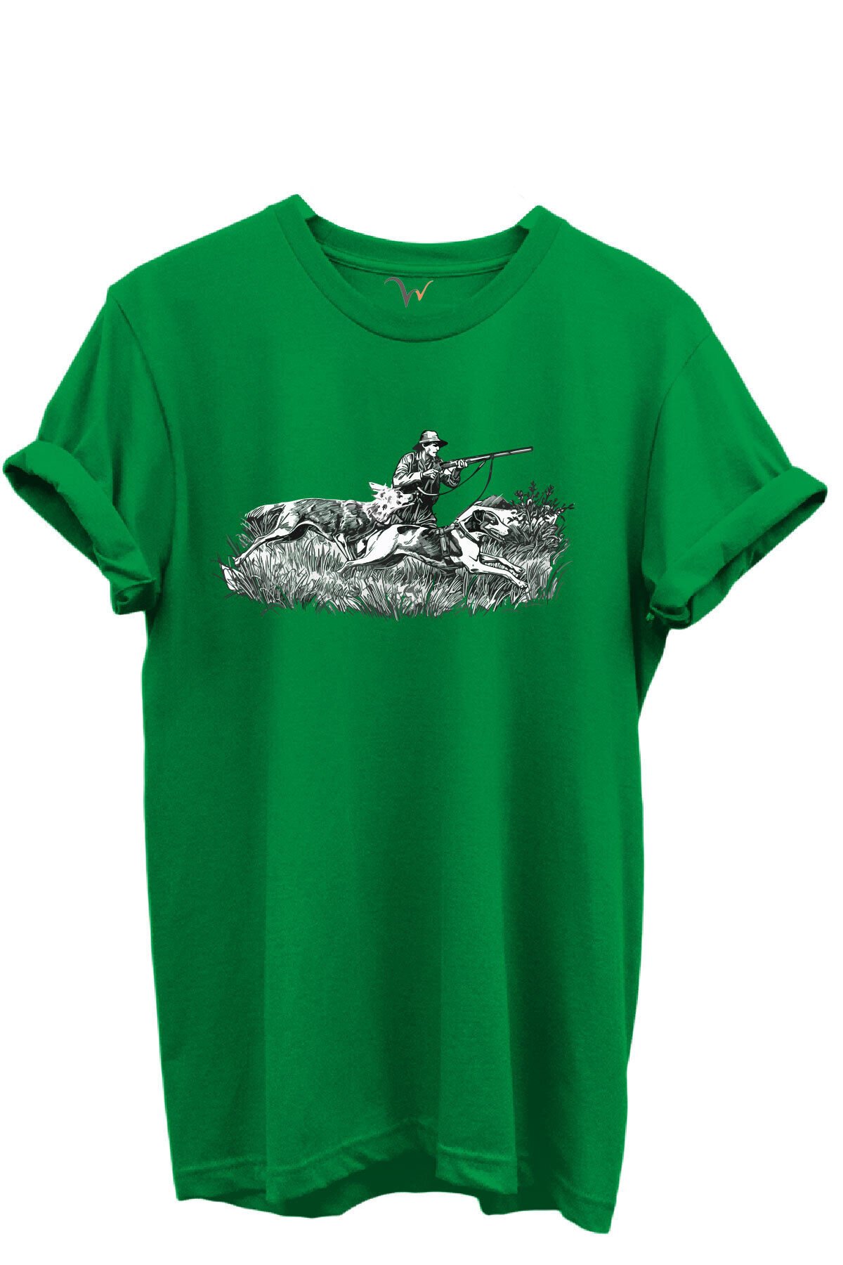 Outdoor Avcılık Avcı ve Tazı Köpek Desenli %100 Pamuk Regular Fit Bisiklet Yaka Unisex T-shirt Yeşil - 3XL
