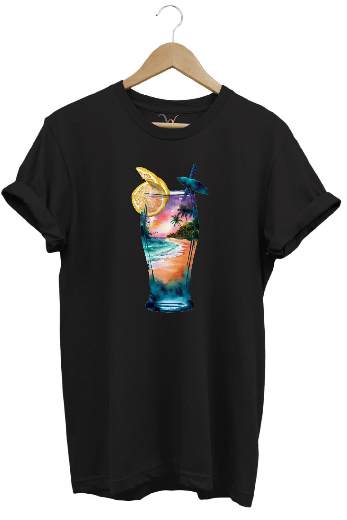 Summer Yaz Havasa ve Kokteyl Baskılı %100 Pamuk Unisex Regular Fit T-Shirt Siyah - 5XL
