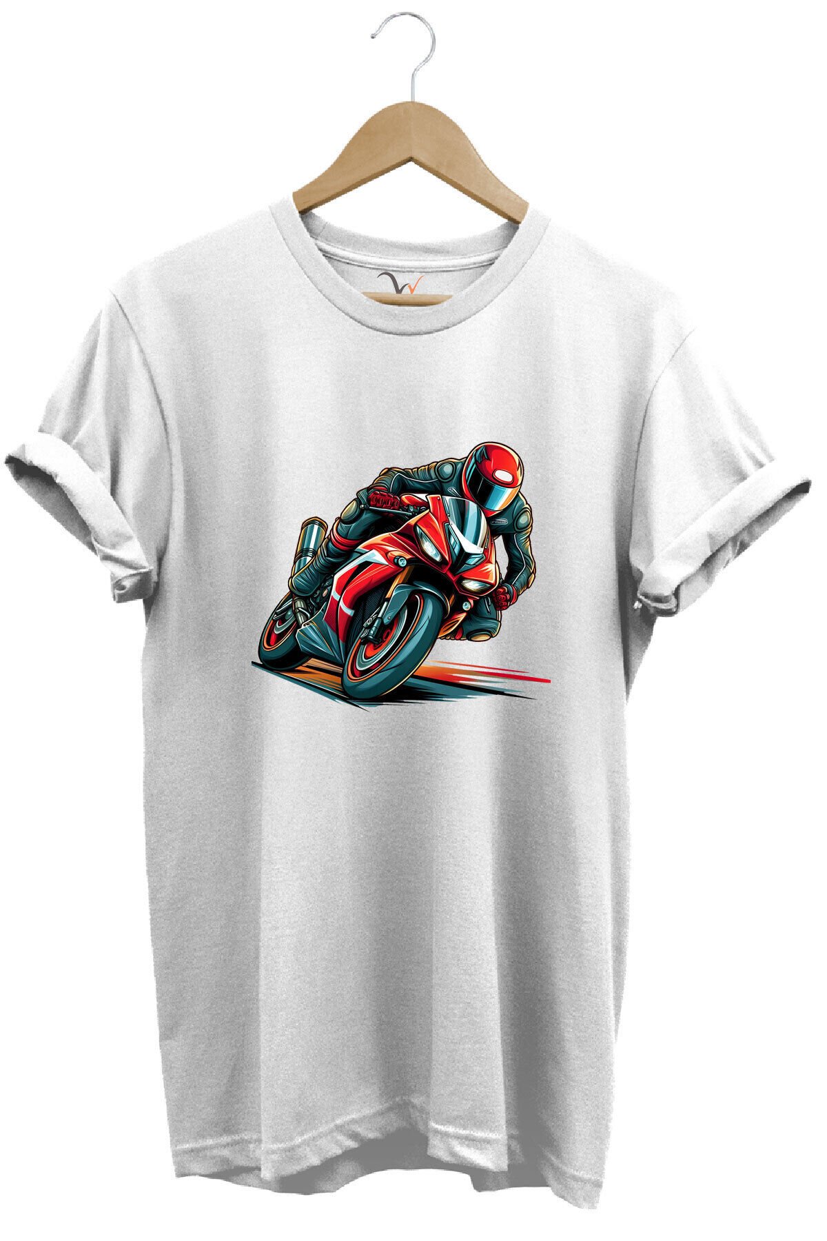 Kırmızı Racing Motosiklet Baskılı %100 Pamuk Regular Fit Unisex T-Shirt Beyaz - M