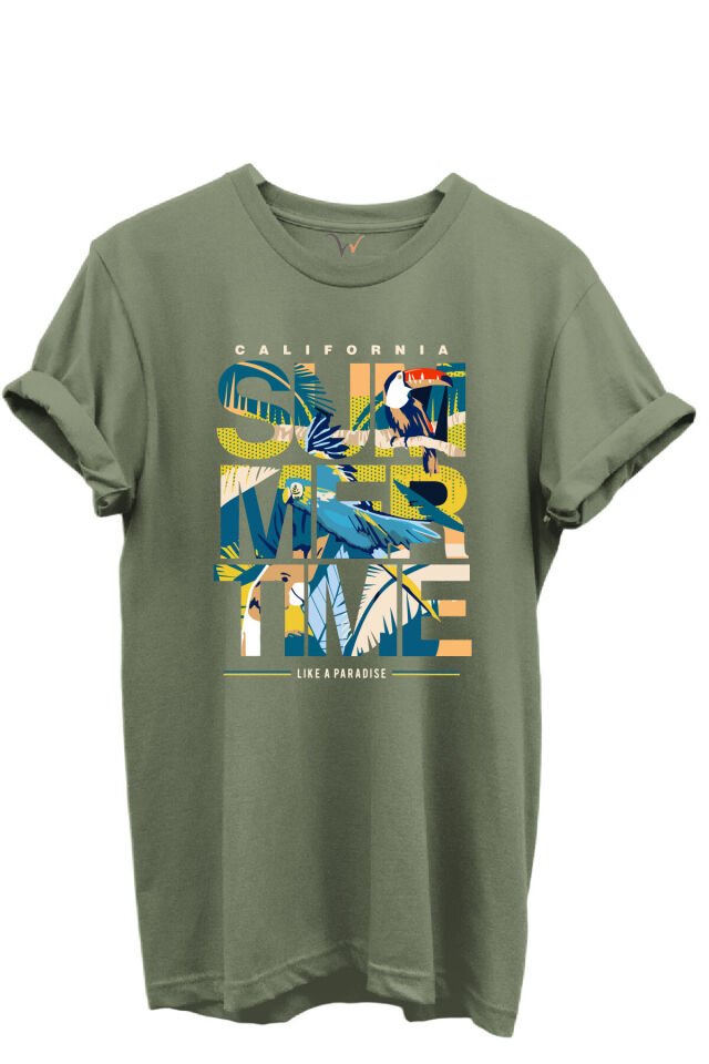 California Summertime ve Tropikal Papağan ve Palmiye Desenli %100 Pamuk Regular Fit Unisex T-Shirt Haki - XL