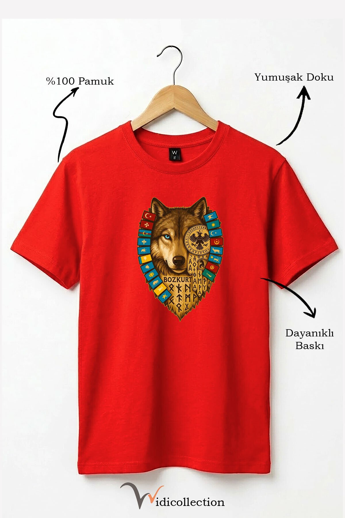 Bozkurt Göktürk Alfabeli ve Türk Devletleri Bayrakları Baskılı %100 Pamuk Regular Fit T-shirt Kırmızı - M