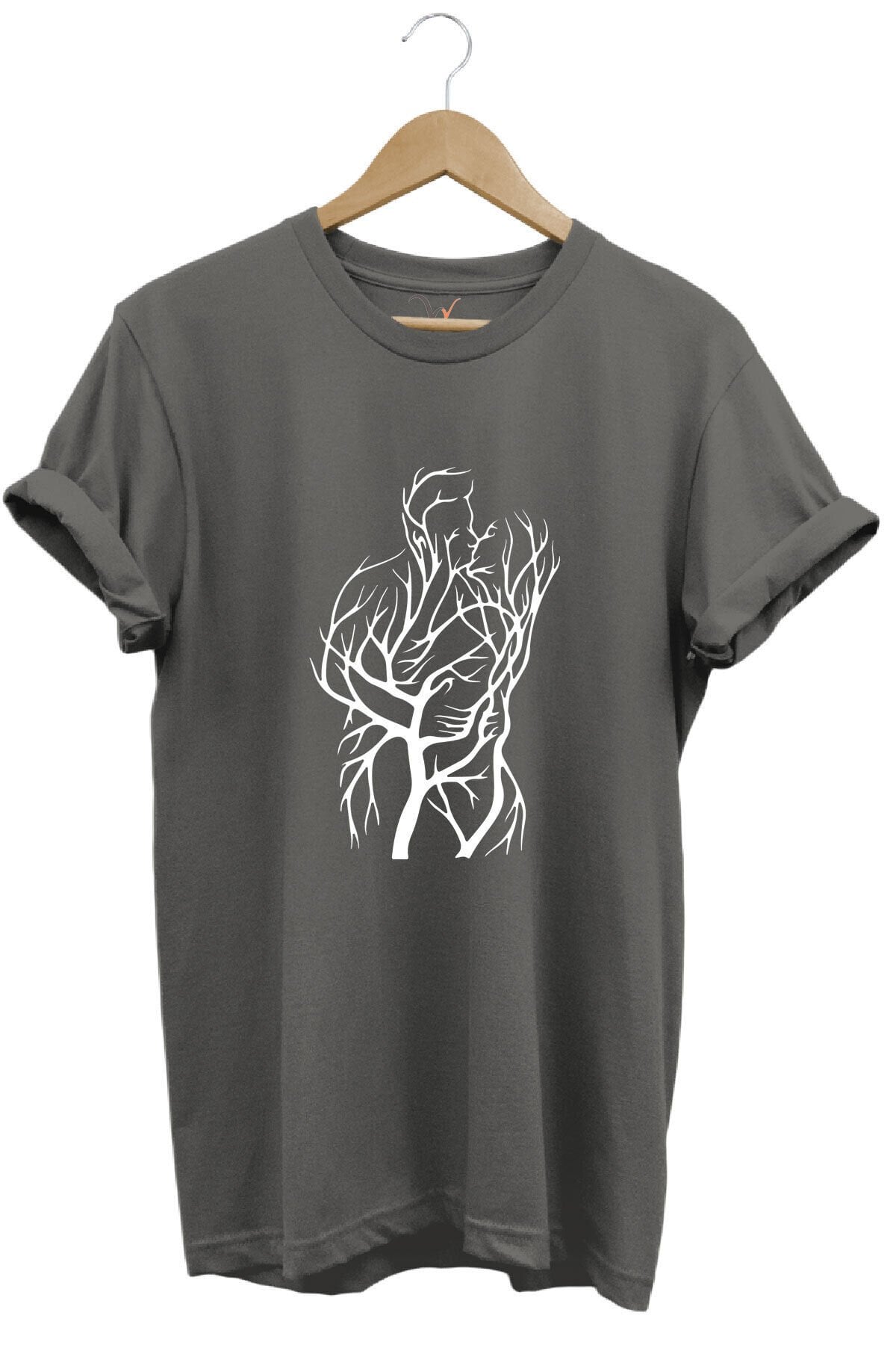 14 Şubat Sevgililer Günü Sarılan Çift Baskılı %100 Pamuk Regular Fit Bisiklet Yaka Haki T-shirt Gri - L