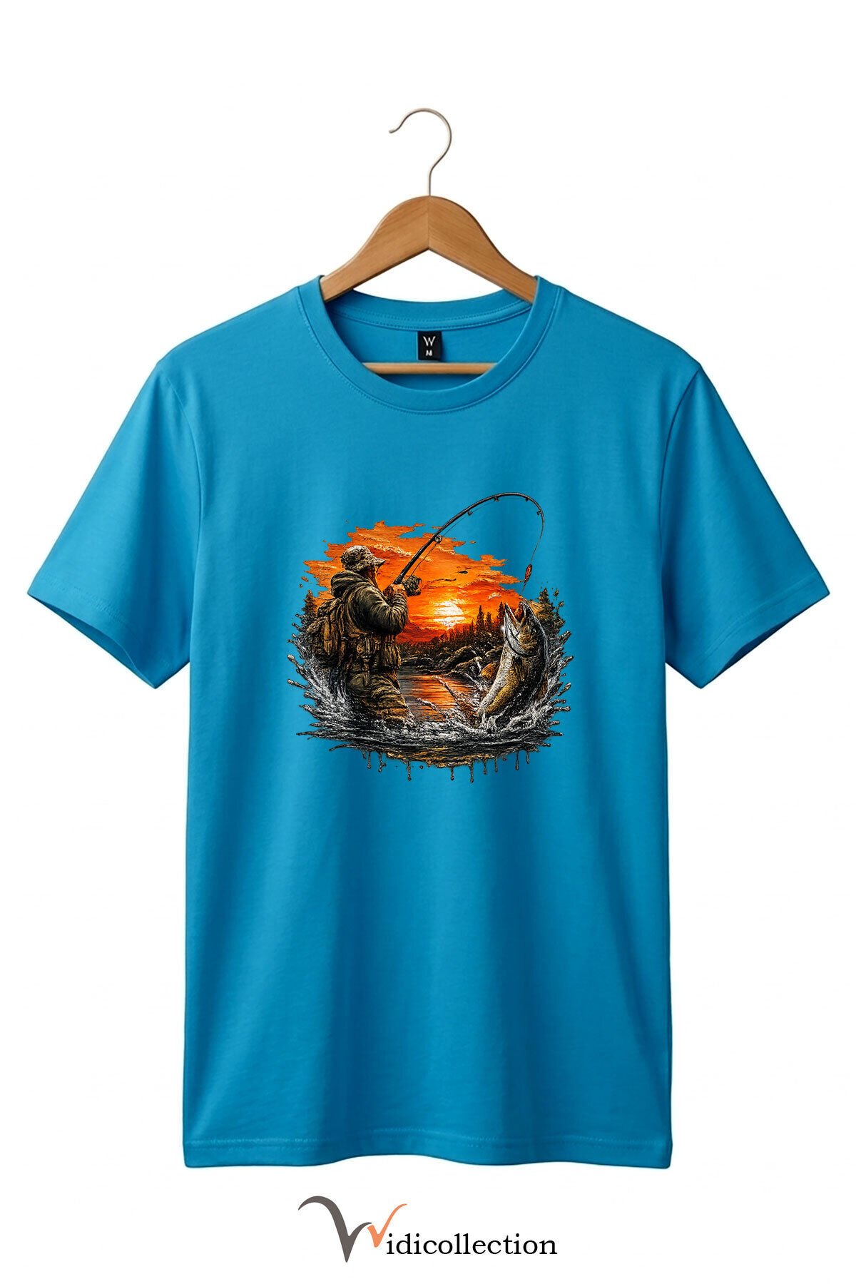 Pike Balığı Balıkçı Pike Gün Batımı ve Doğa Manzaralı Sportif Outdoor %100 Pamuk Basic T-Shirt Turkuaz - 3XL