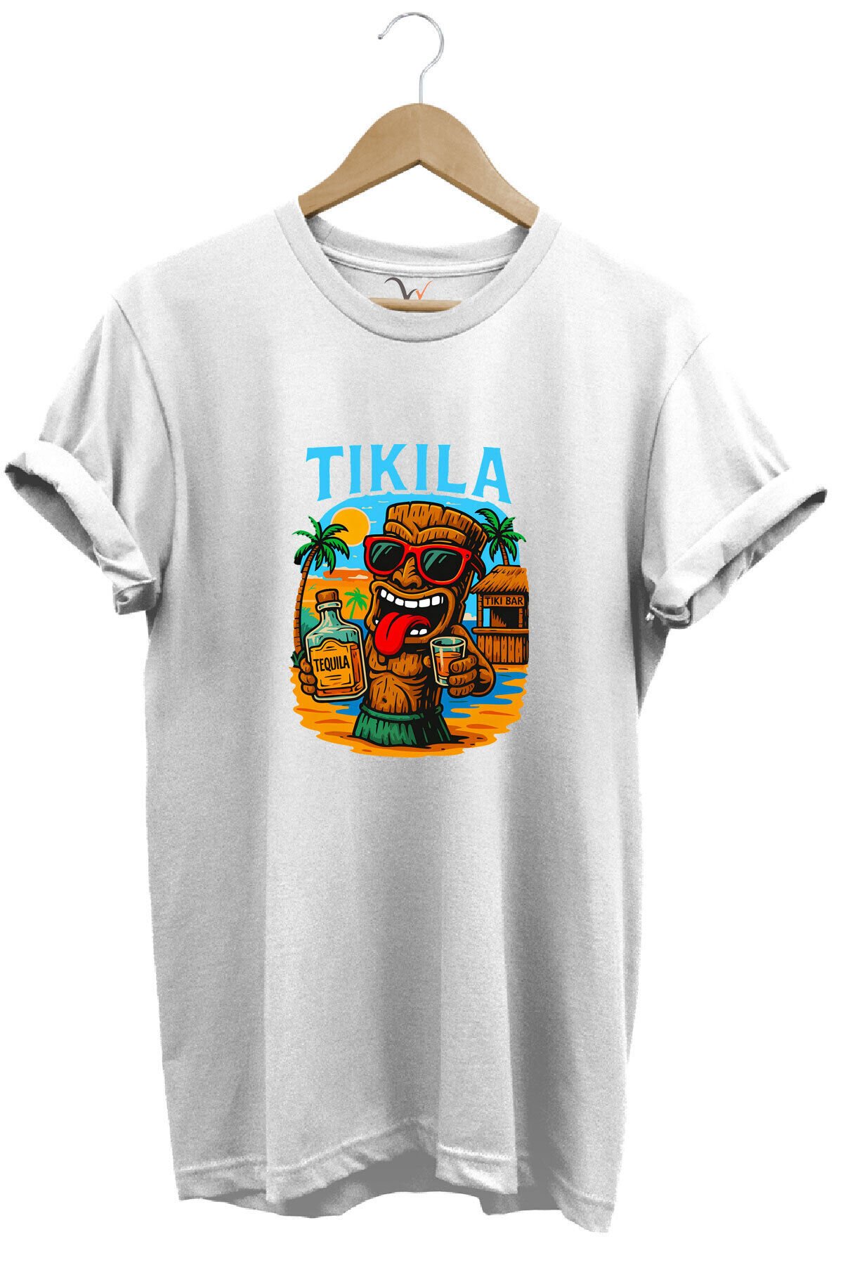 Summer Yazlık Tekila Yazı Baskılı %100 Pamuk Regular Fit Premium Mavi T-shirt Beyaz - S