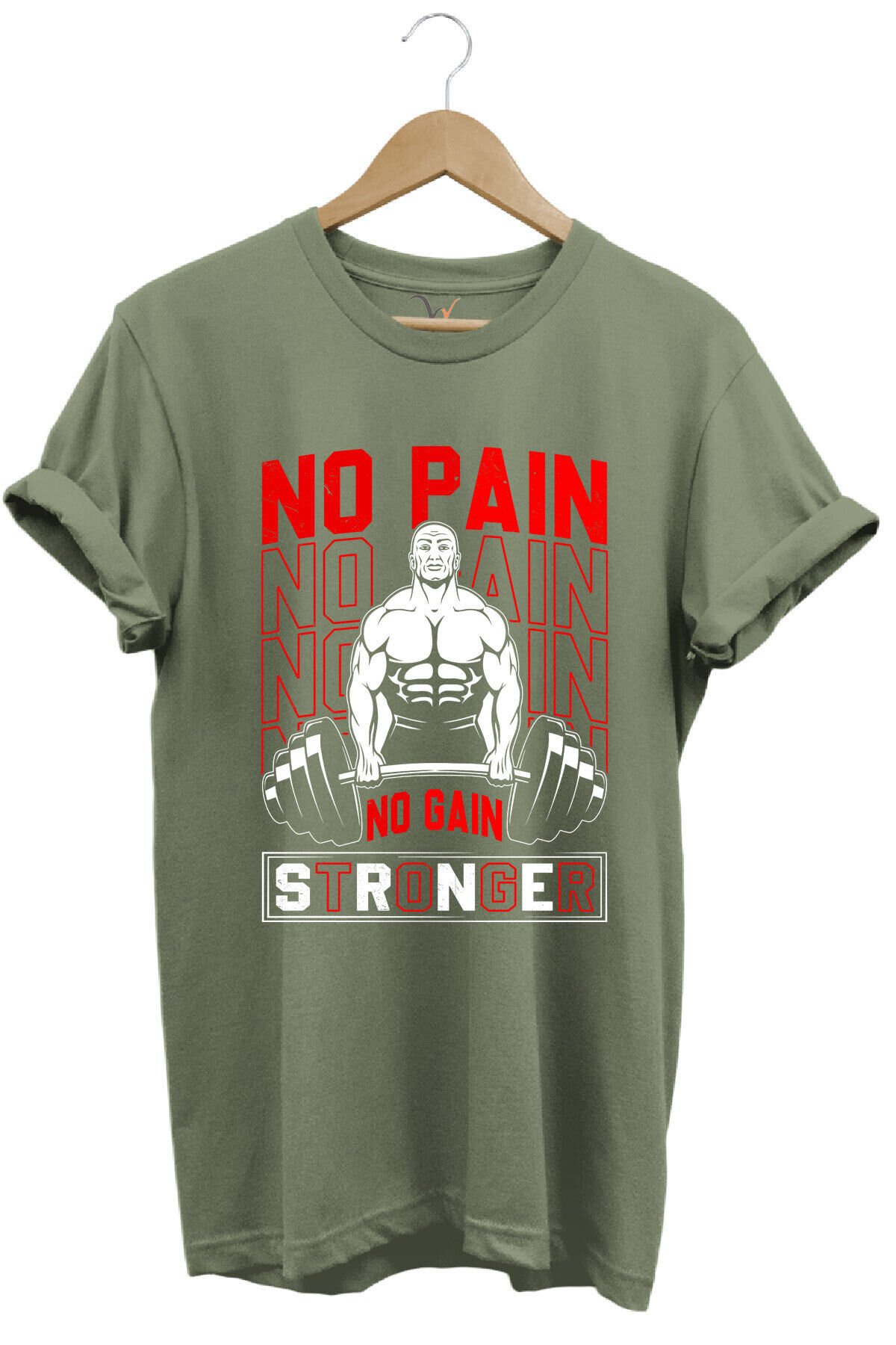 Gym Sporcu Fitness No Pain No Gain Dumbell Tasarım Baskılı %100 Pamuk Regular Fit Mavi T-shirt Haki - M