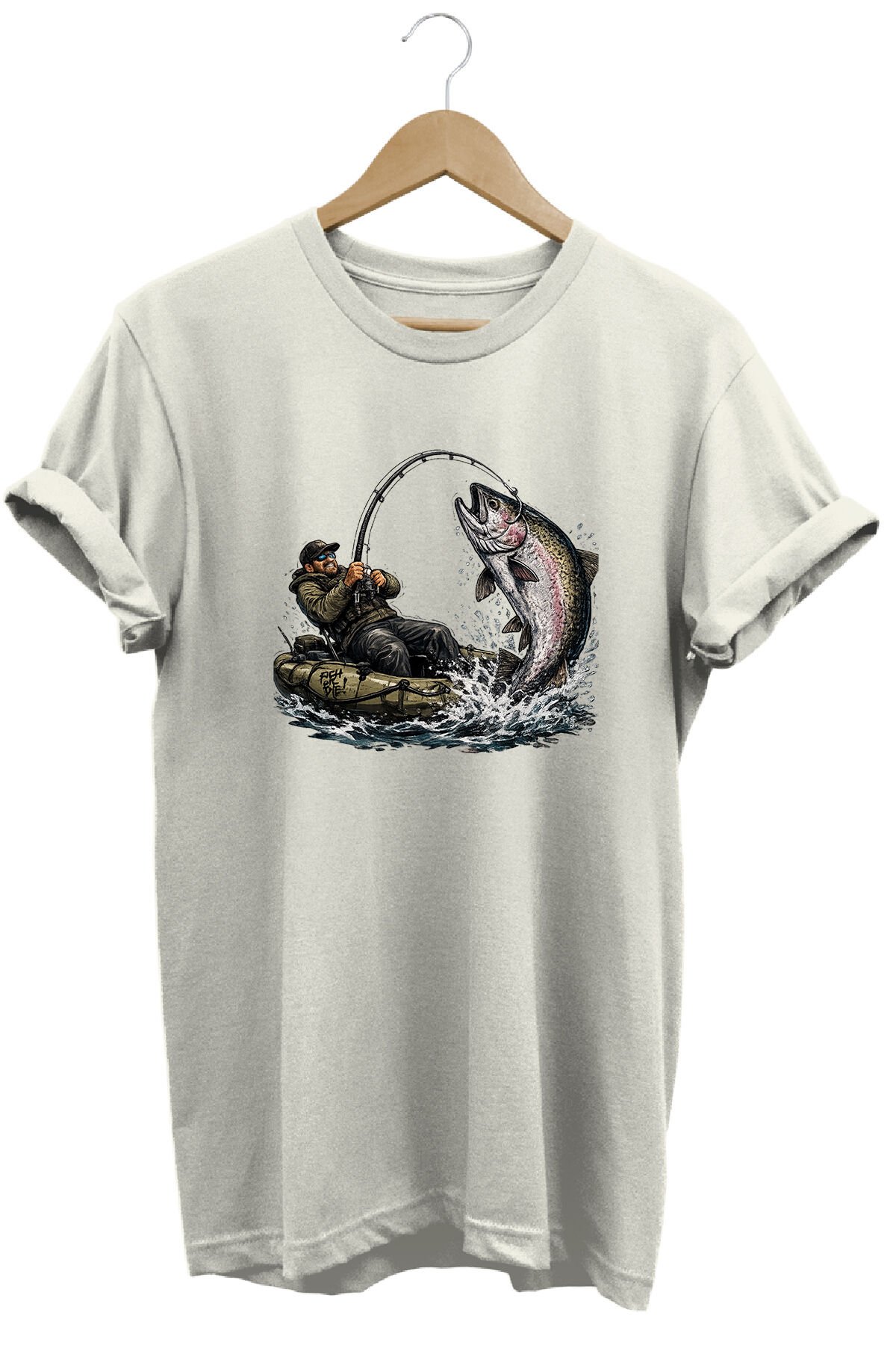 Sportif Balıkçılık ve Olta Baskılı Doğa Tişörtü Outdoor Kamp Giyimi Ekru - S