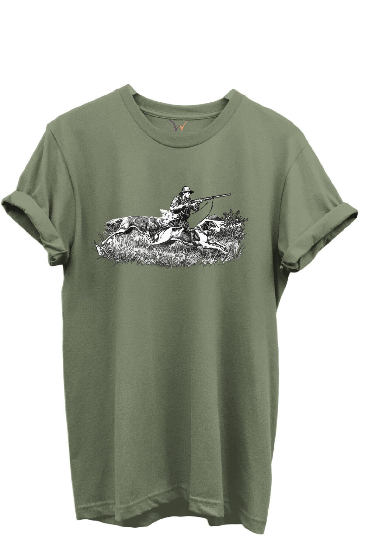 Outdoor Avcılık Avcı ve Tazı Köpek Desenli %100 Pamuk Regular Fit Bisiklet Yaka Unisex T-shirt Haki - S