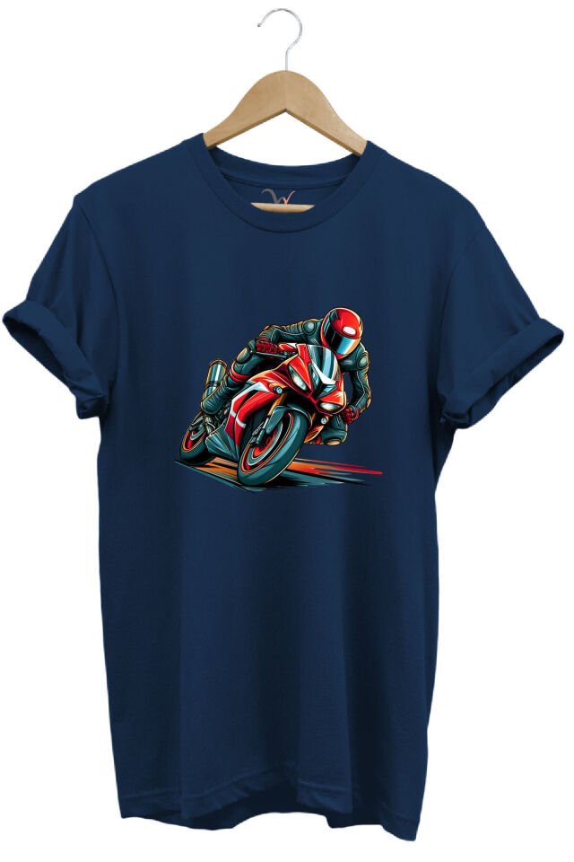 Kırmızı Racing Motosiklet Baskılı %100 Pamuk Regular Fit Unisex T-Shirt Lacivert - M