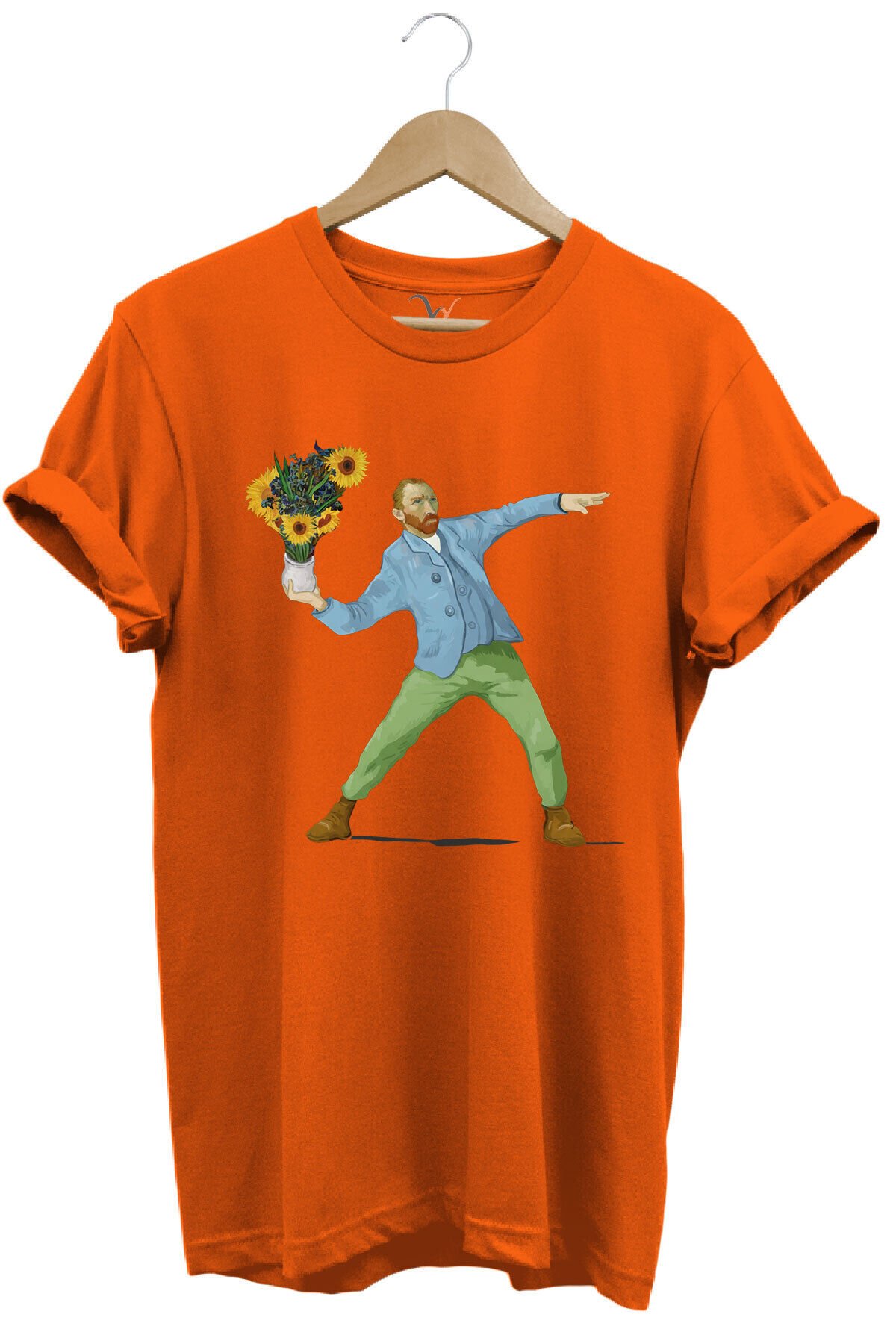 Sanatsal Portre Tasarım Baskılı ve Çiçekler %100 Pamuk Regular Fit Bisiklet Yaka T-shirt Turuncu - XL