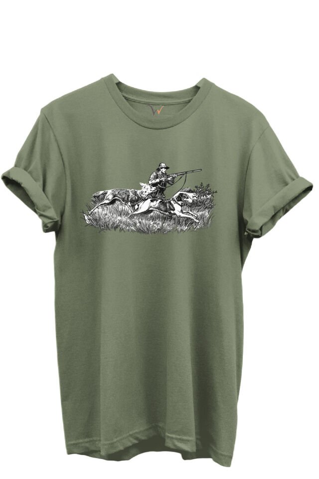 Outdoor Avcılık Avcı ve Tazı Köpek Desenli %100 Pamuk Regular Fit Bisiklet Yaka Unisex T-shirt Haki - M
