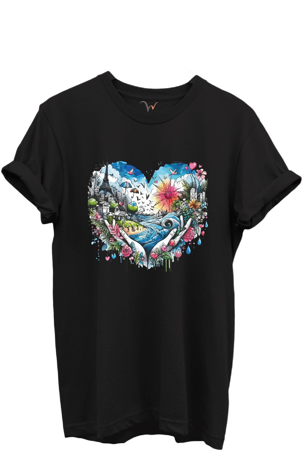 Kalp Şehir Manzaralı Renkli Baskılı %100 Pamuk Regular Fit Unisex T-Shirt Siyah - S