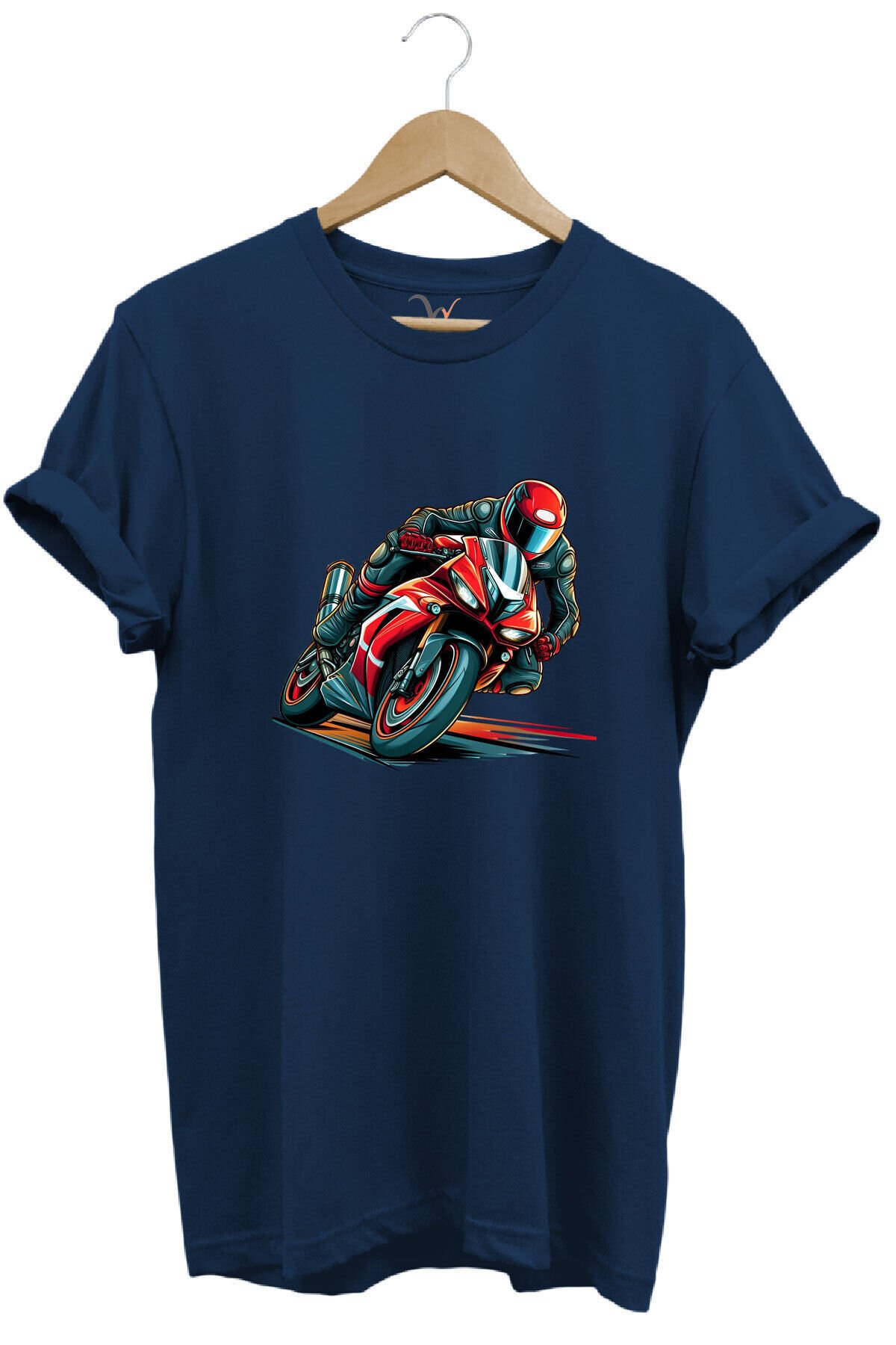 Kırmızı Racing Motosiklet Baskılı %100 Pamuk Regular Fit Unisex T-Shirt Lacivert - L