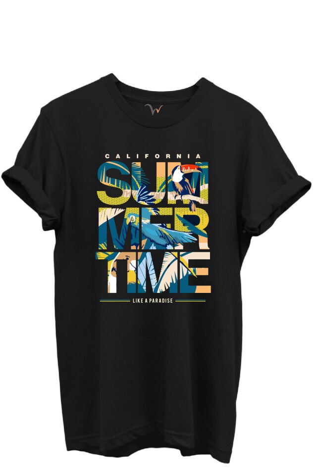 California Summertime ve Tropikal Papağan ve Palmiye Desenli %100 Pamuk Regular Fit Unisex T-Shirt Siyah - 5XL