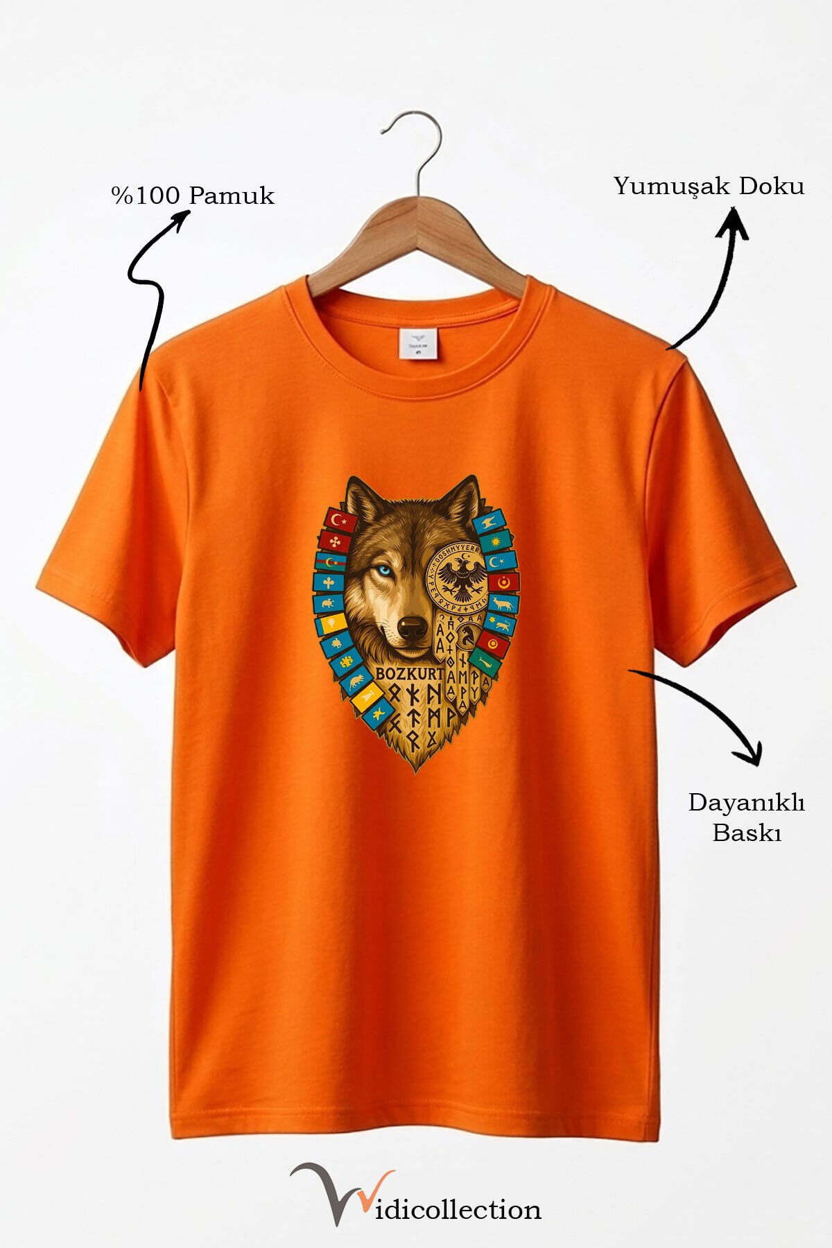 Bozkurt Göktürk Alfabeli ve Türk Devletleri Bayrakları Baskılı %100 Pamuk Regular Fit T-shirt Turuncu - XL