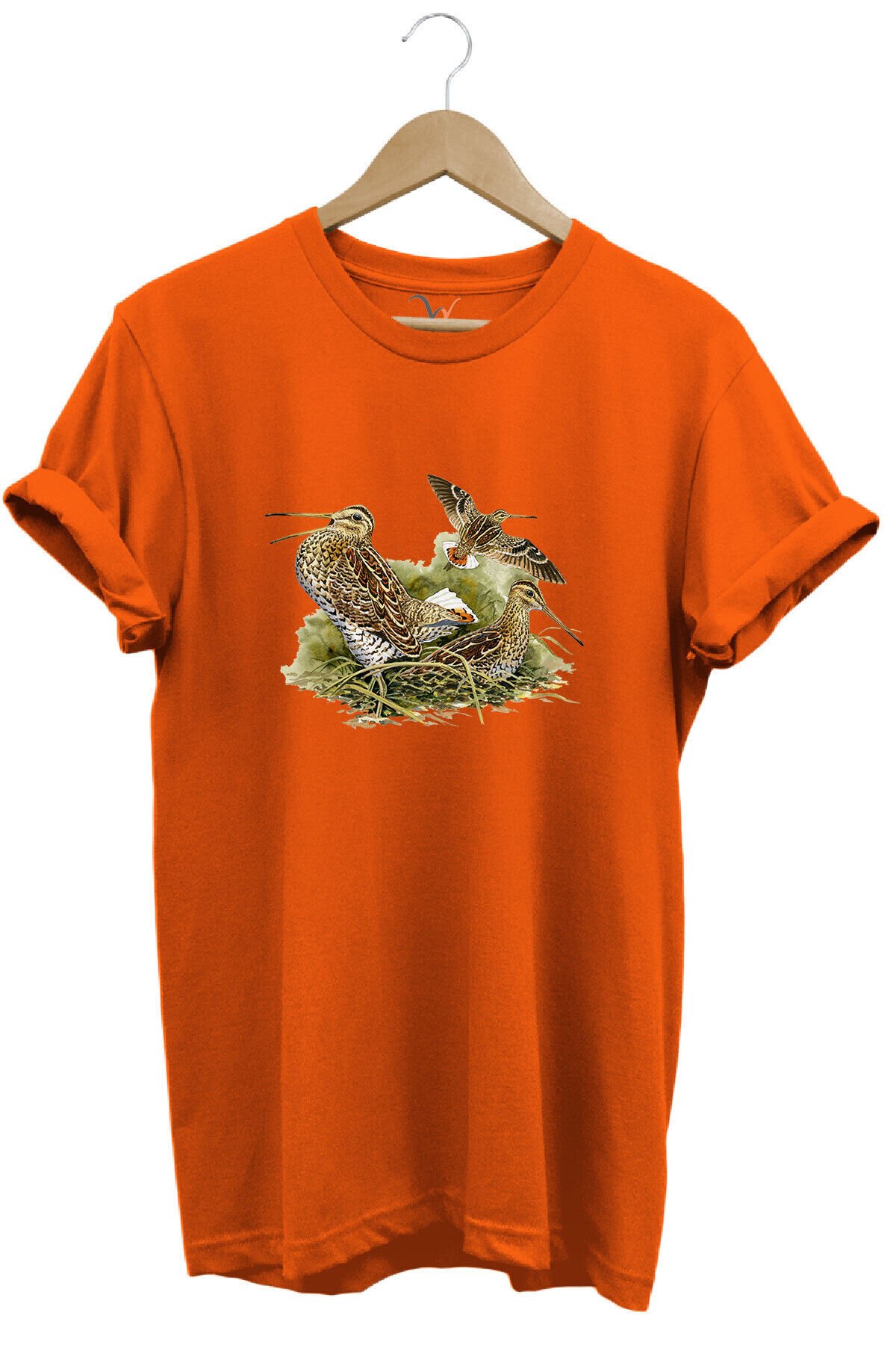 Avclık Tasarımlı Çulluk Avı Çulluk Kuşları Ve Doğa Baskılı %100 Pamuk Regular Fit Siyah T-shirt Turuncu - 3XL