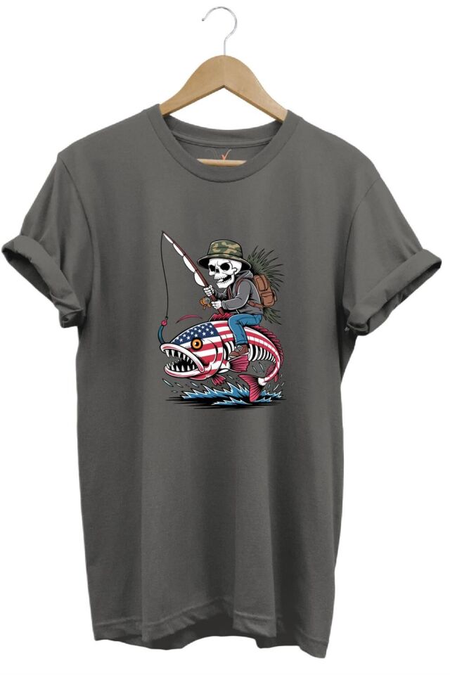 Fishing Balıkçılık Pirana Ve İskelet Tasarım Baskılı %100 Pamuk Regular Fit T-Shirt - Antrasit