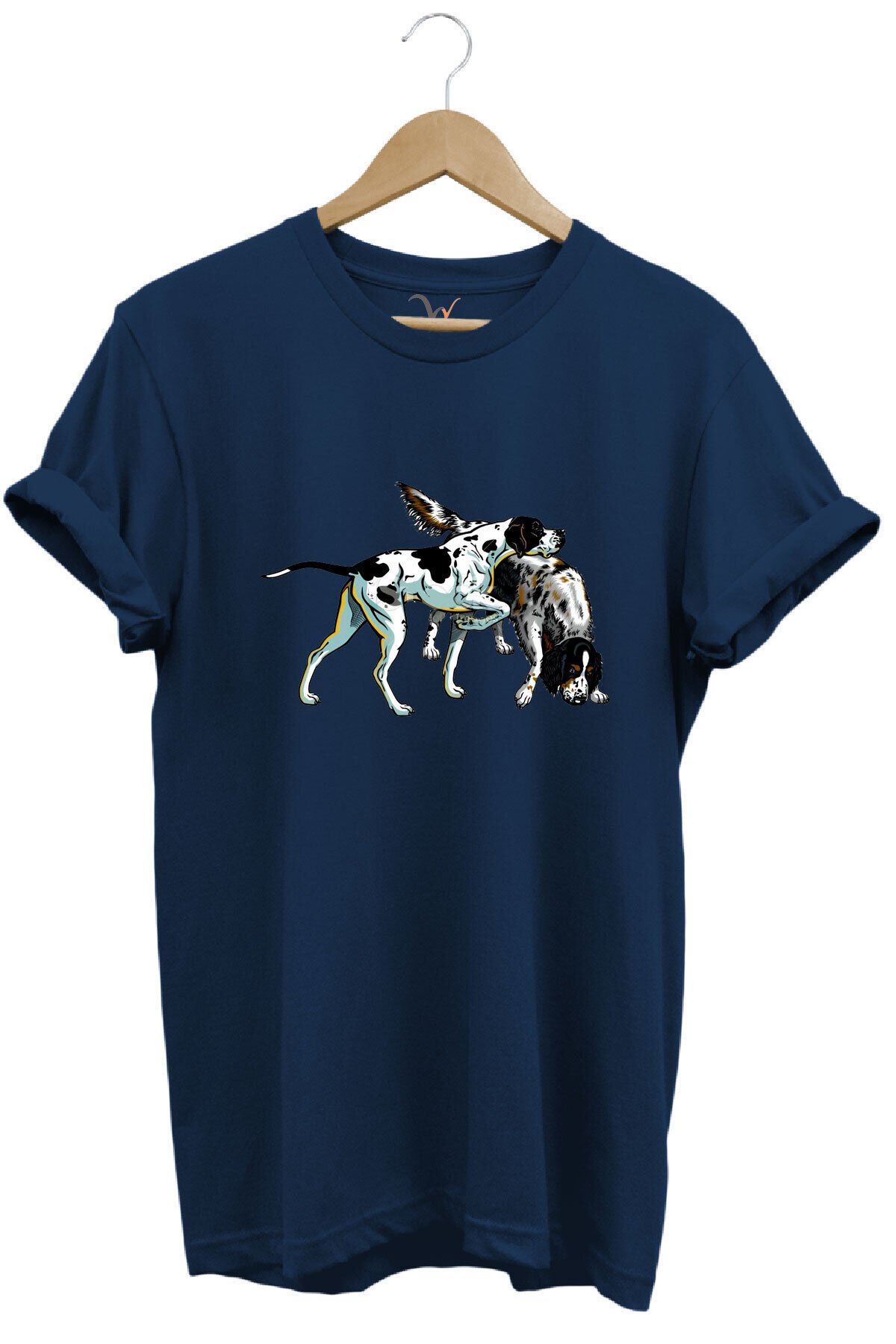 Avcılık Hunting Renkli Pointer Setter Köpekleri Baskılı %100 Pamuk Regular Fit Bisiklet Yaka T-Shirt Lacivert - 3XL
