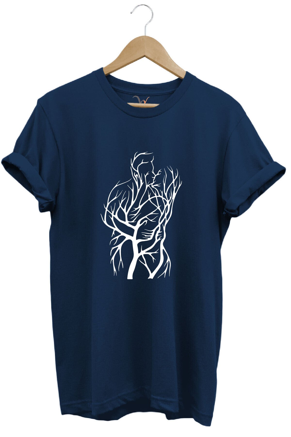 14 Şubat Sevgililer Günü Sarılan Çift Baskılı %100 Pamuk Regular Fit Bisiklet Yaka Haki T-shirt Lacivert - 3XL