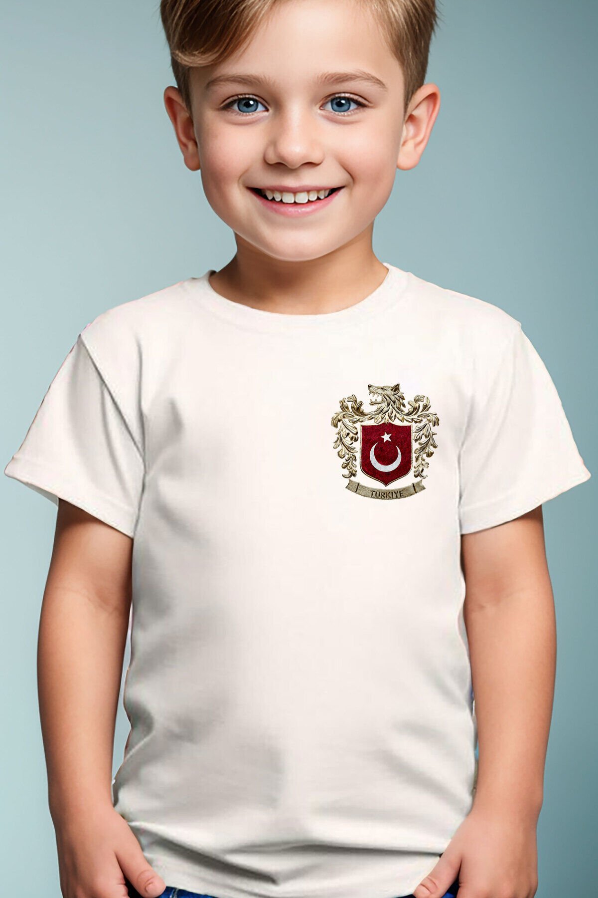 Bozkurt Sembolü Türkiye Ve Türk Bayrağı Kurt Baskılı %100 Pamuk Çocuk Beyaz T-shirt