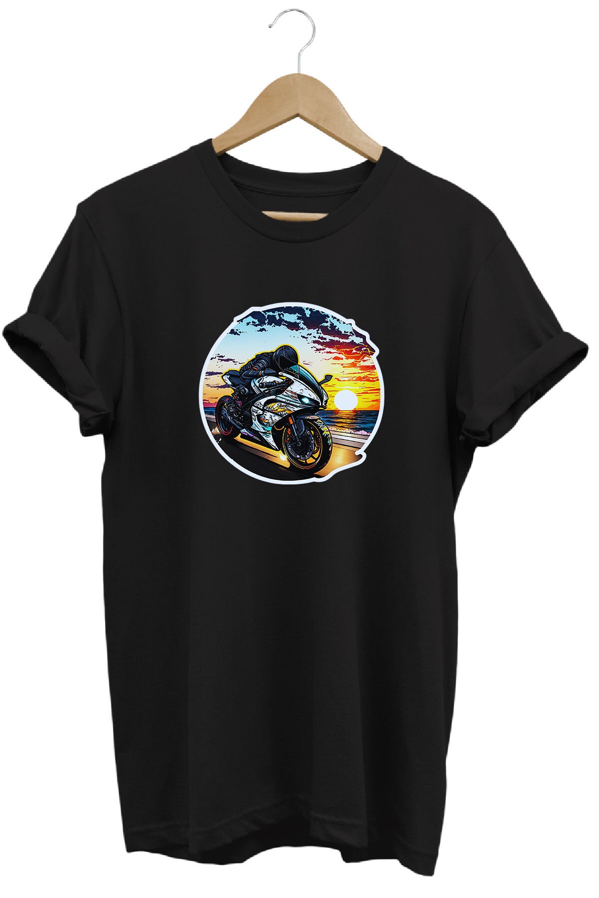 Unisex Motosiklet Temalı Grafik Baskılı Bisiklet Yaka Tişört T-shirt Siyah - L