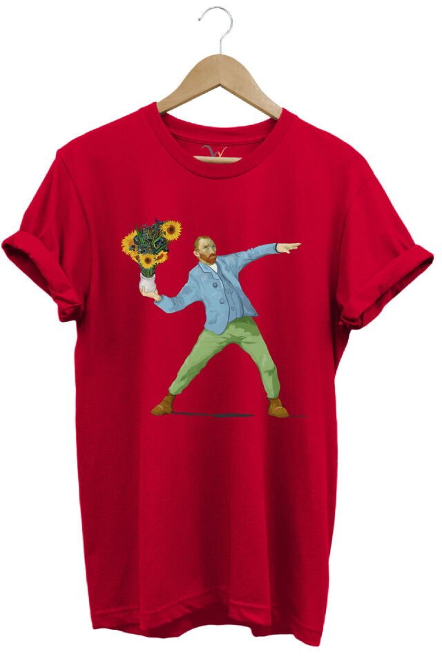 Sanatsal Portre Tasarım Baskılı ve Çiçekler %100 Pamuk Regular Fit Bisiklet Yaka T-shirt Kırmızı - 2XL