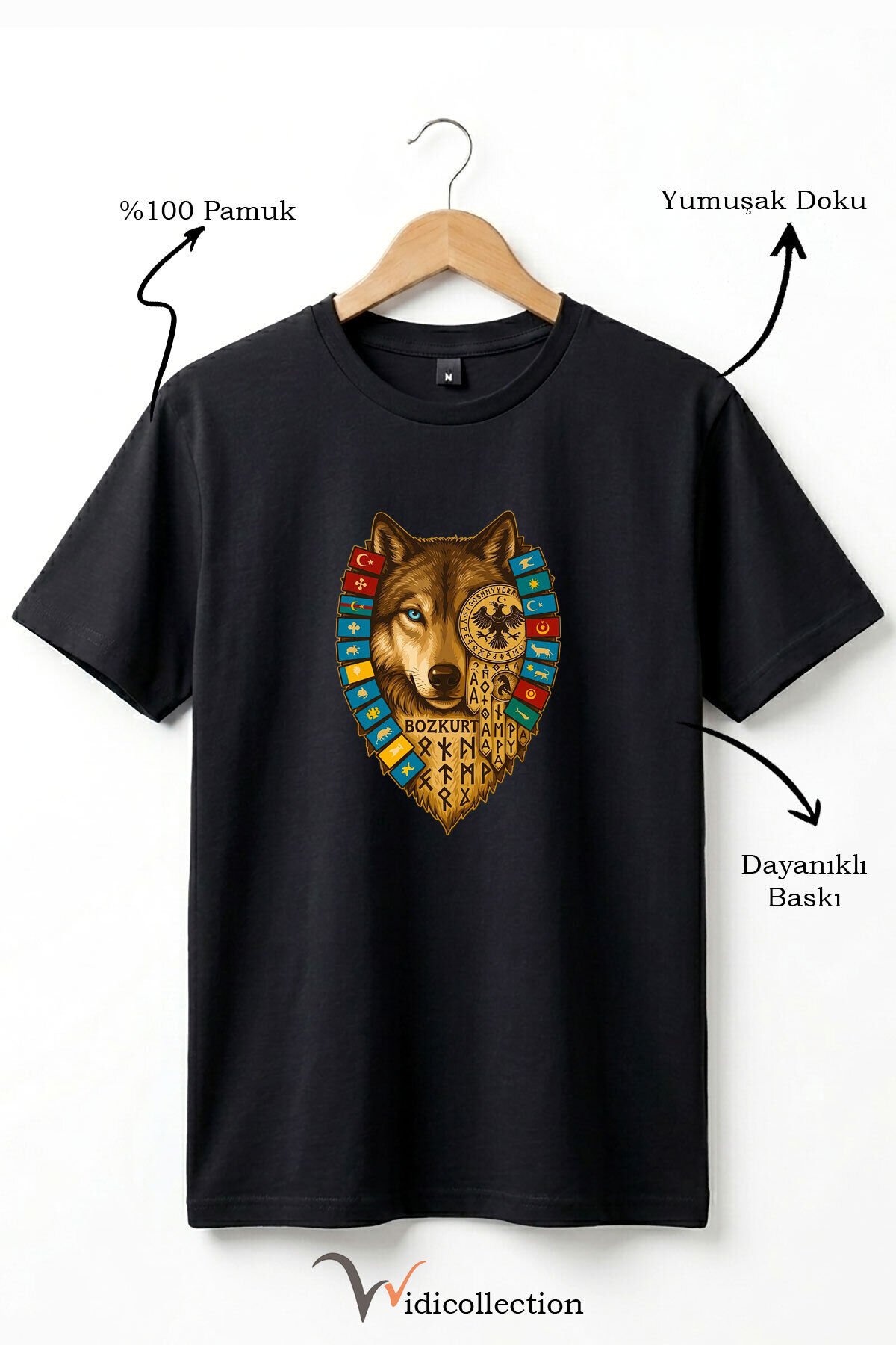 Bozkurt Göktürk Alfabeli ve Türk Devletleri Bayrakları Baskılı %100 Pamuk Regular Fit T-shirt Siyah - 4XL