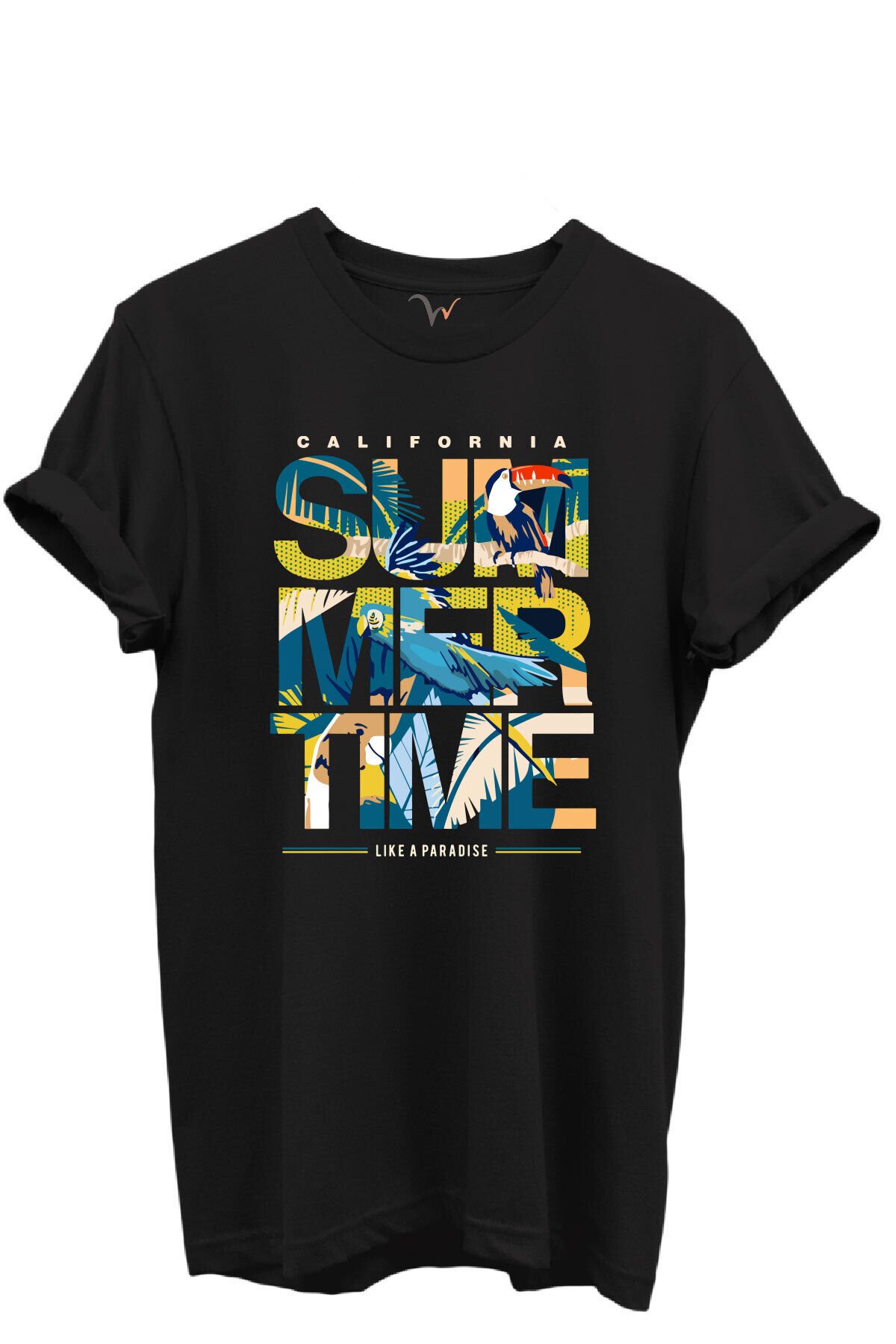 California Summertime ve Tropikal Papağan ve Palmiye Desenli %100 Pamuk Regular Fit Unisex T-Shirt Siyah - XL