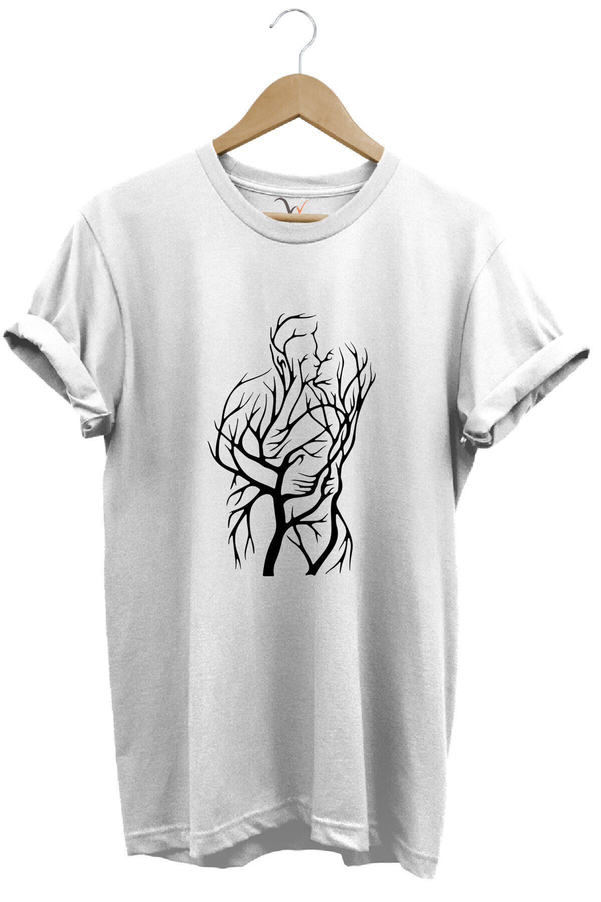 14 Şubat Sevgililer Günü Sarılan Çift Baskılı %100 Pamuk Regular Fit Bisiklet Yaka Haki T-shirt Beyaz - XL