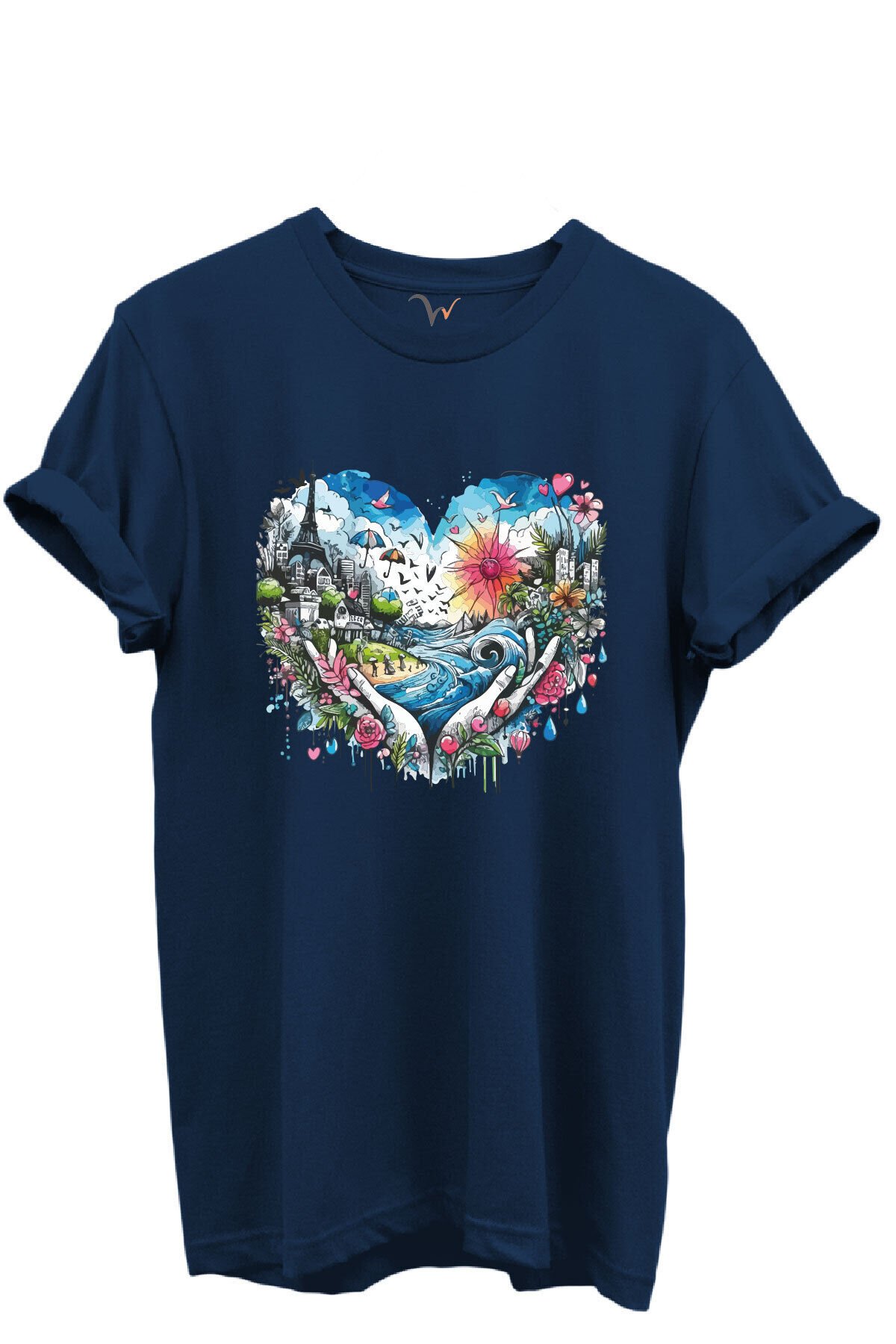 Kalp Şehir Manzaralı Renkli Baskılı %100 Pamuk Regular Fit Unisex T-Shirt Lacivert - L