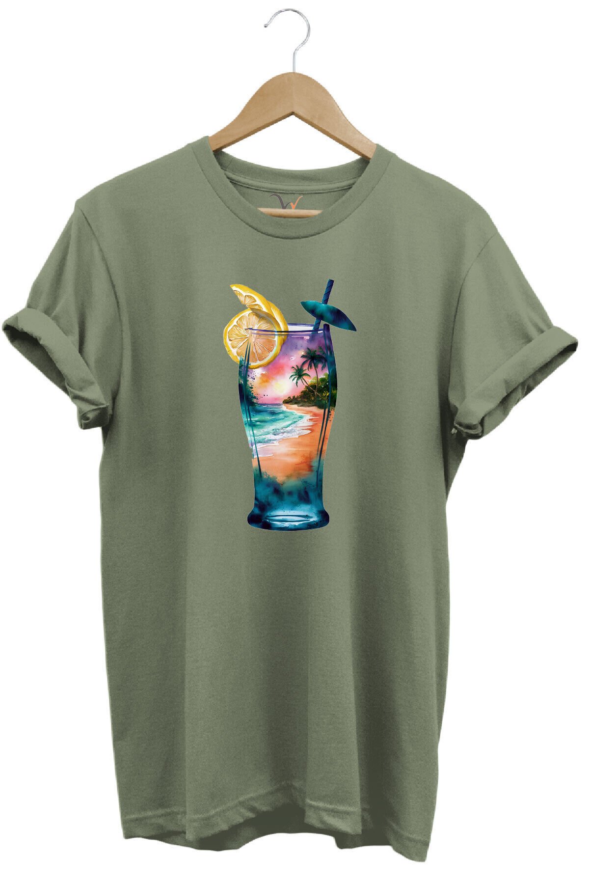 Summer Yaz Havasa ve Kokteyl Baskılı %100 Pamuk Unisex Regular Fit T-Shirt Haki - 3XL