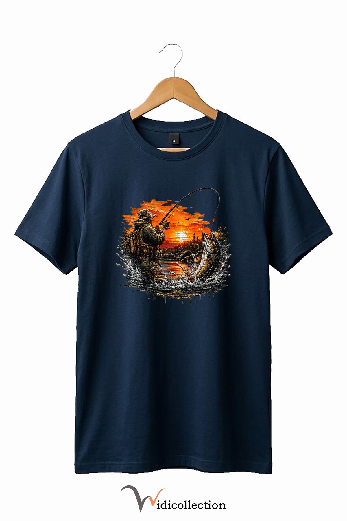Pike Balığı Balıkçı Pike Gün Batımı ve Doğa Manzaralı Sportif Outdoor %100 Pamuk Basic T-Shirt Lacivert - 2XL
