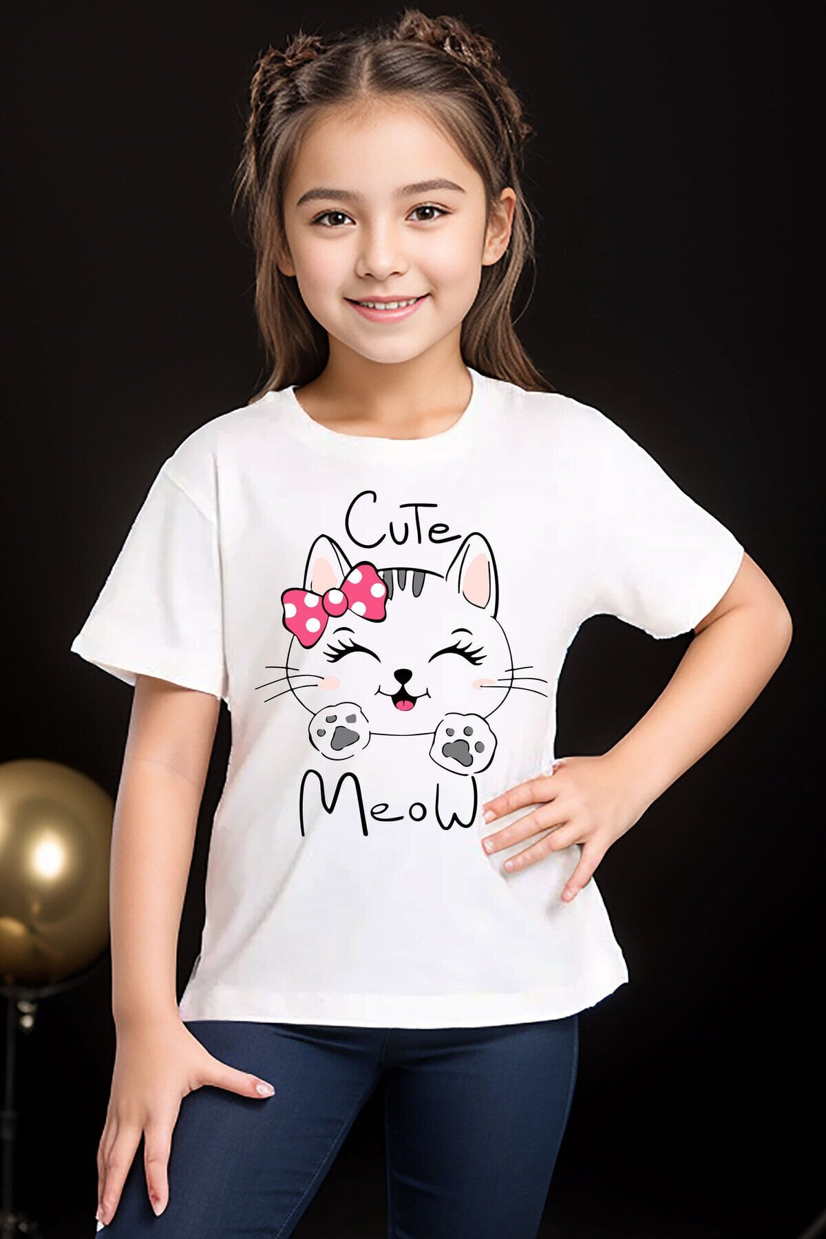 Kedi Baskılı Cute Meow %100 Pamuk Erkek Kız Çocuk Beyaz T-shirt