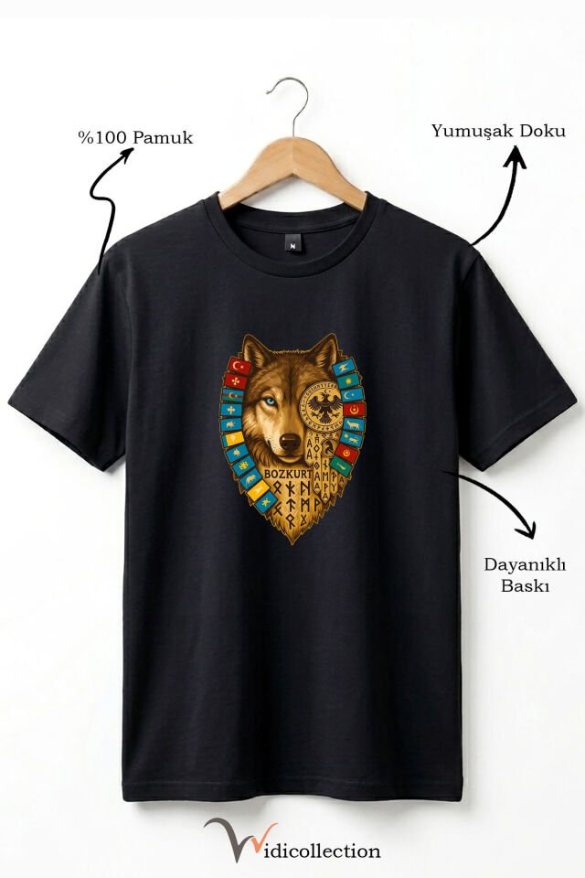 Bozkurt Göktürk Alfabeli ve Türk Devletleri Bayrakları Baskılı %100 Pamuk Regular Fit T-shirt Siyah - M