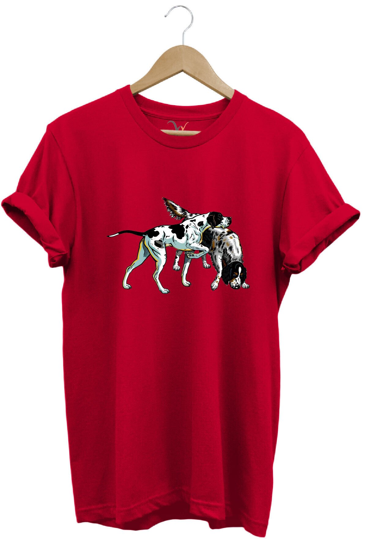 Avcılık Hunting Renkli Pointer Setter Köpekleri Baskılı %100 Pamuk Regular Fit Bisiklet Yaka T-Shirt Kırmızı - M