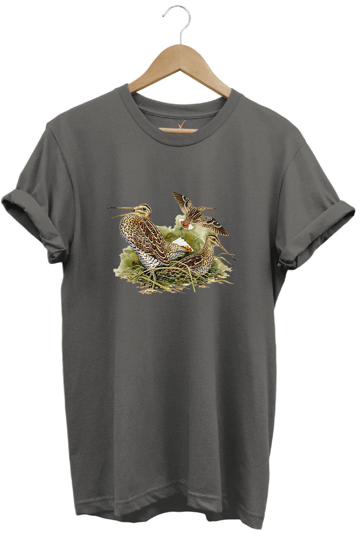 Avclık Tasarımlı Çulluk Avı Çulluk Kuşları Ve Doğa Baskılı %100 Pamuk Regular Fit Siyah T-shirt Gri - 2XL