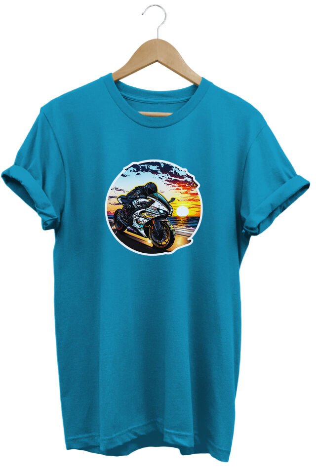 Unisex Motosiklet Temalı Grafik Baskılı Bisiklet Yaka Tişört T-shirt Turkuaz - L