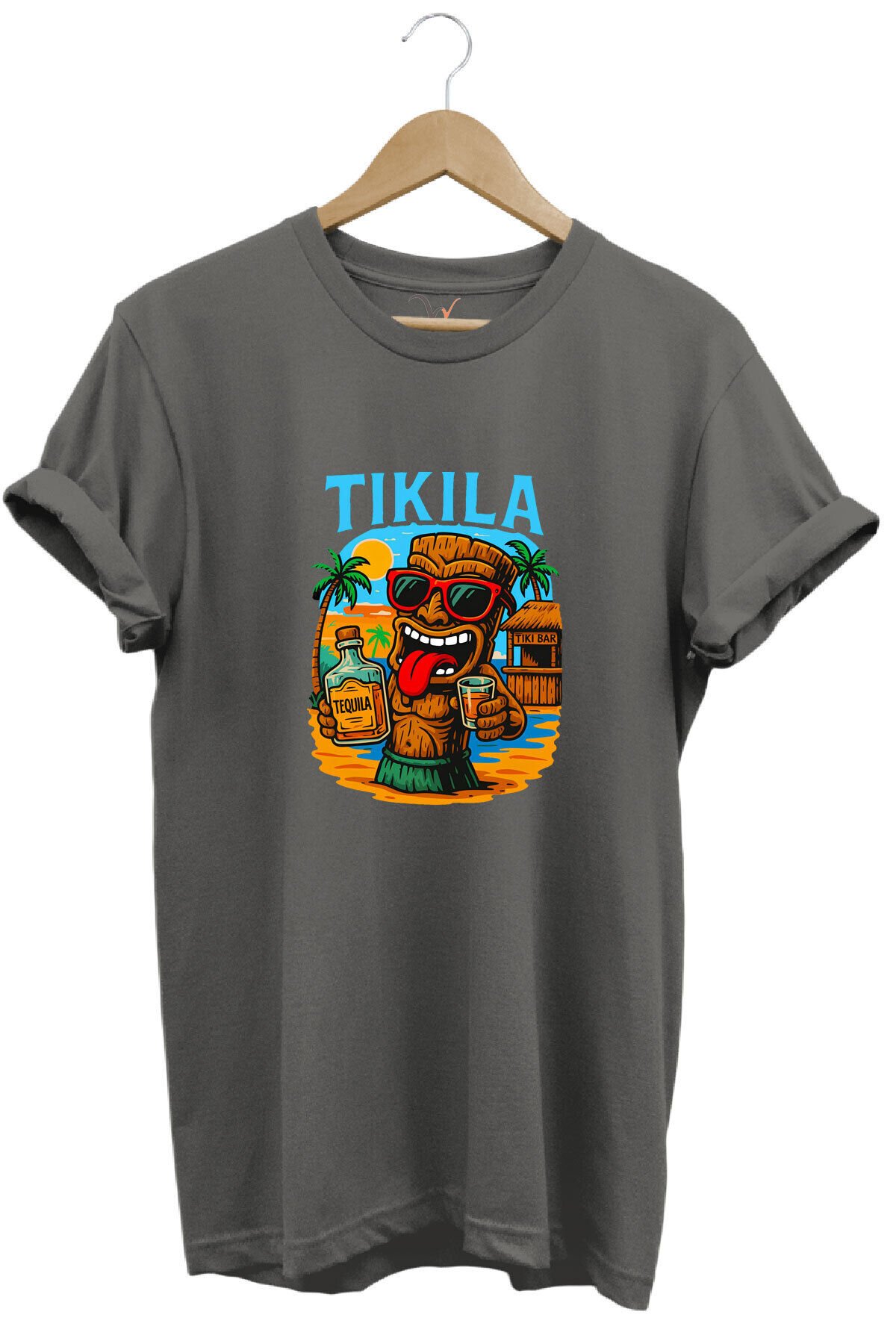 Summer Yazlık Tekila Yazı Baskılı %100 Pamuk Regular Fit Premium Mavi T-shirt Gri - M