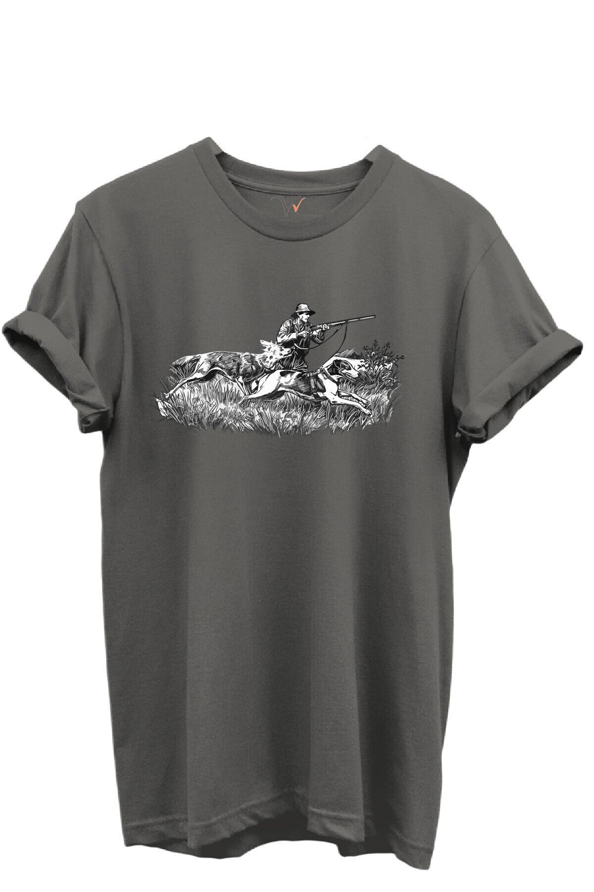Outdoor Avcılık Avcı ve Tazı Köpek Desenli %100 Pamuk Regular Fit Bisiklet Yaka Unisex T-shirt Antrasit Gri - XL