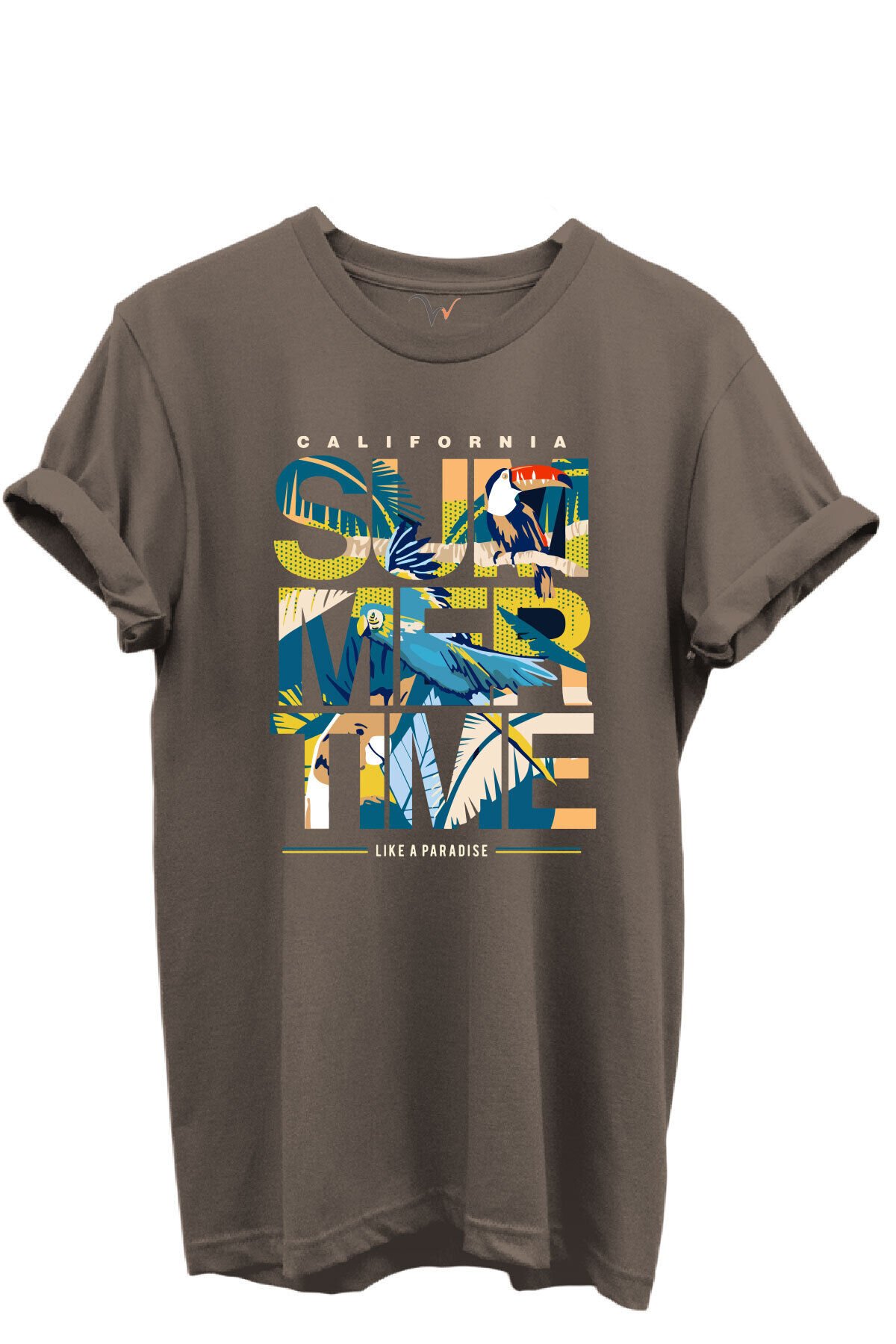 California Summertime ve Tropikal Papağan ve Palmiye Desenli %100 Pamuk Regular Fit Unisex T-Shirt Kahverengi - 2XL