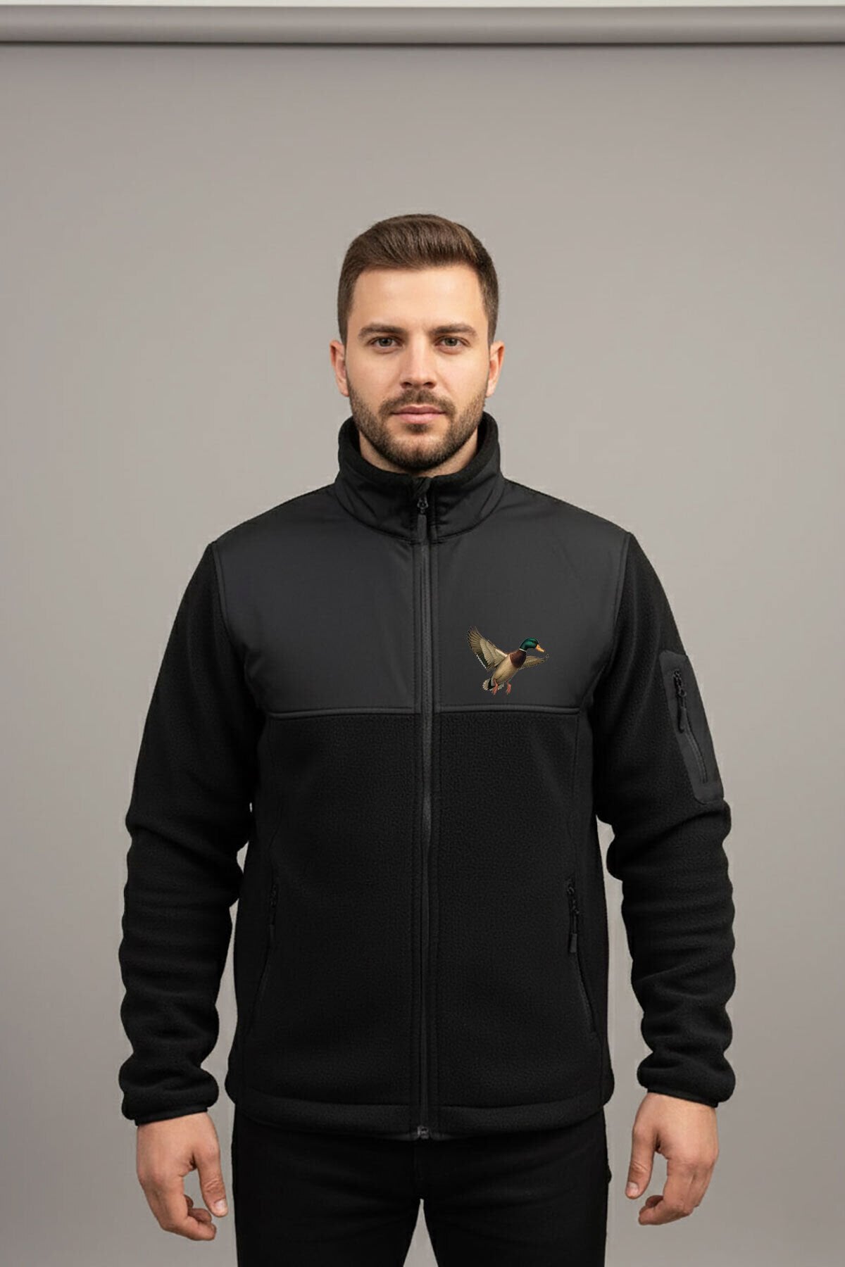 Avcılık Yeşilbaş Ördek Baskılı Dik Yaka Garnili Siyah Softshell Polar Ceket Siyah - 3XL