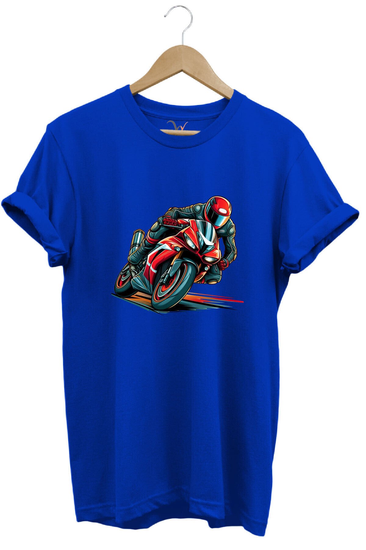 Kırmızı Racing Motosiklet Baskılı %100 Pamuk Regular Fit Unisex T-Shirt Mavi - 3XL