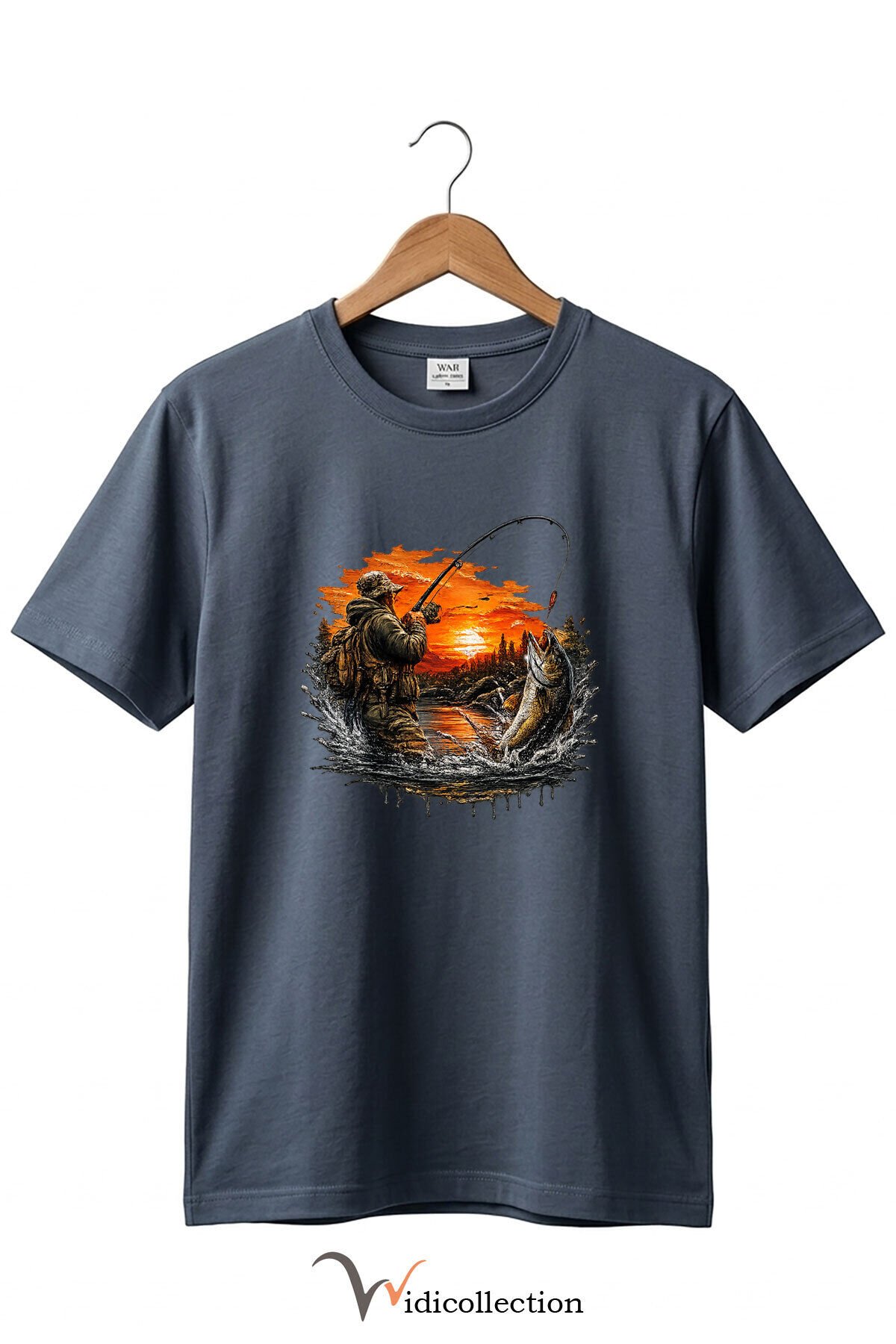 Pike Balığı Balıkçı Pike Gün Batımı ve Doğa Manzaralı Sportif Outdoor %100 Pamuk Basic T-Shirt Antrasit Gri - M