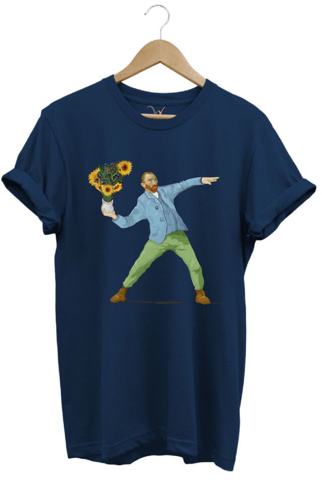 Sanatsal Portre Tasarım Baskılı ve Çiçekler %100 Pamuk Regular Fit Bisiklet Yaka T-shirt Lacivert - S